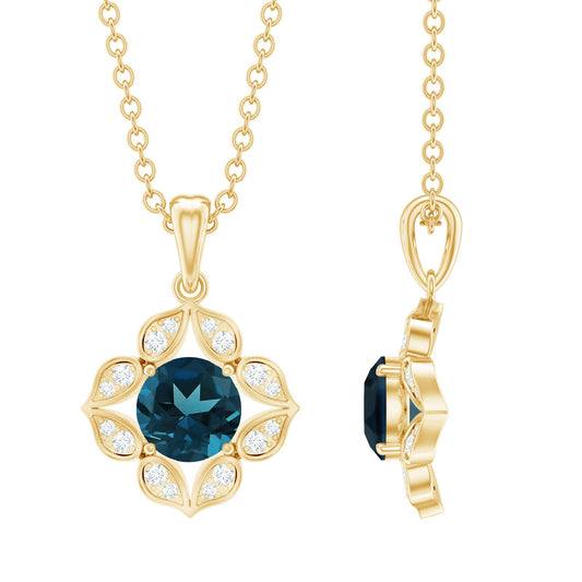 Antique Style Natural London Blue Topaz Bridal Pendant with Diamond