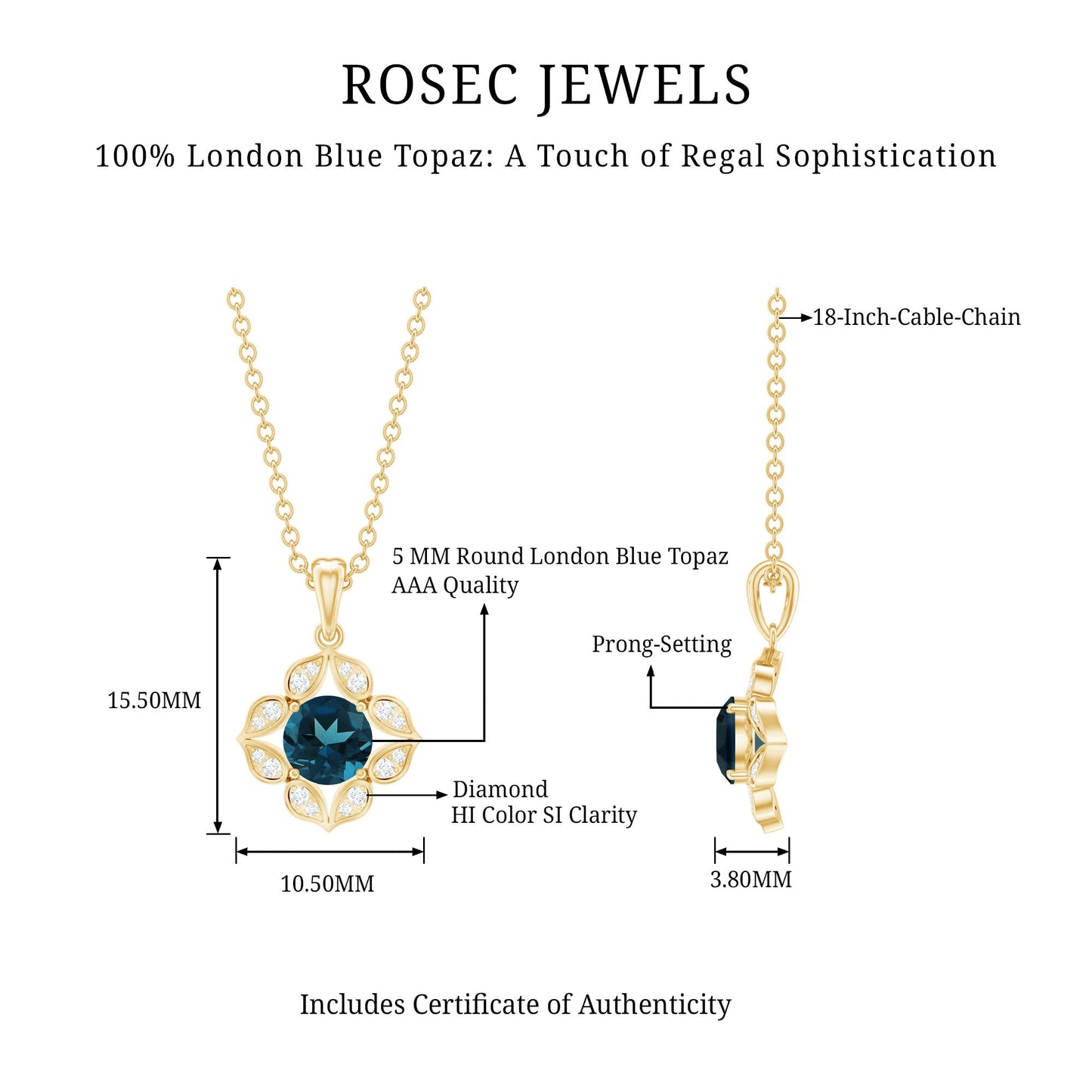 Antique Style Natural London Blue Topaz Bridal Pendant with Diamond