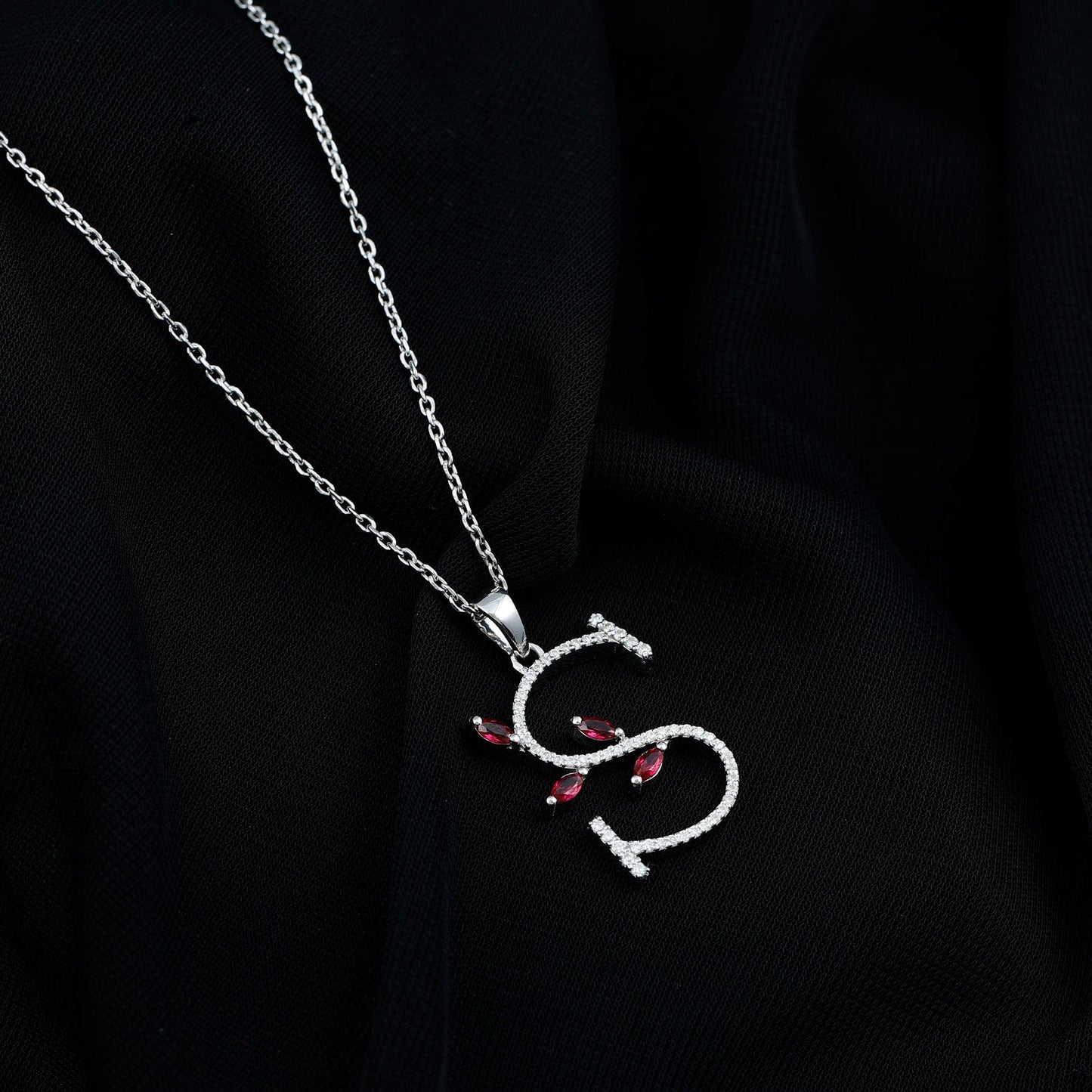 Moissanite and Lab Ruby Necklace with Letter S