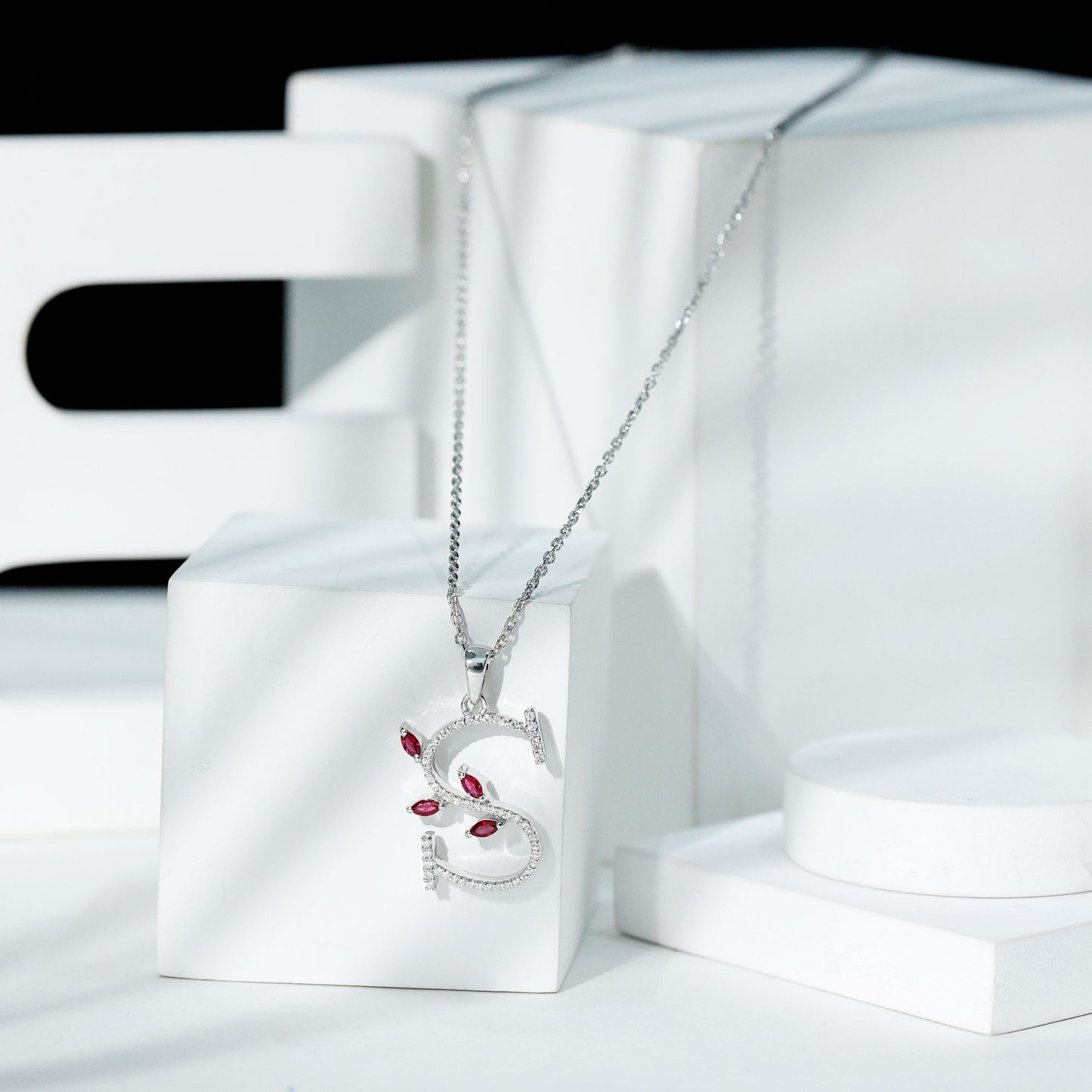 Moissanite and Lab Ruby Necklace with Letter S