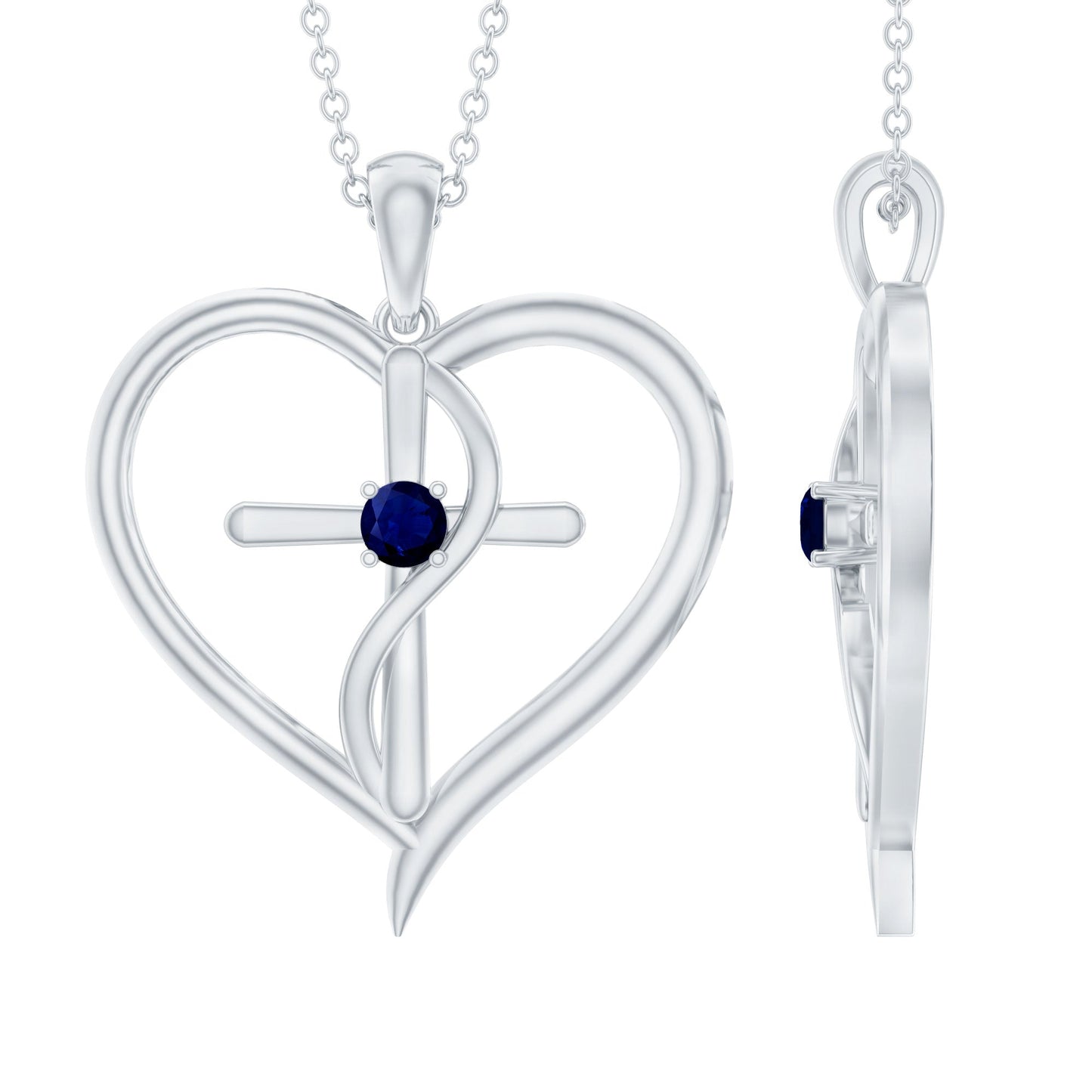 Natural Blue Sapphire Heart Cross Necklace in 14k Gold Plated Silver