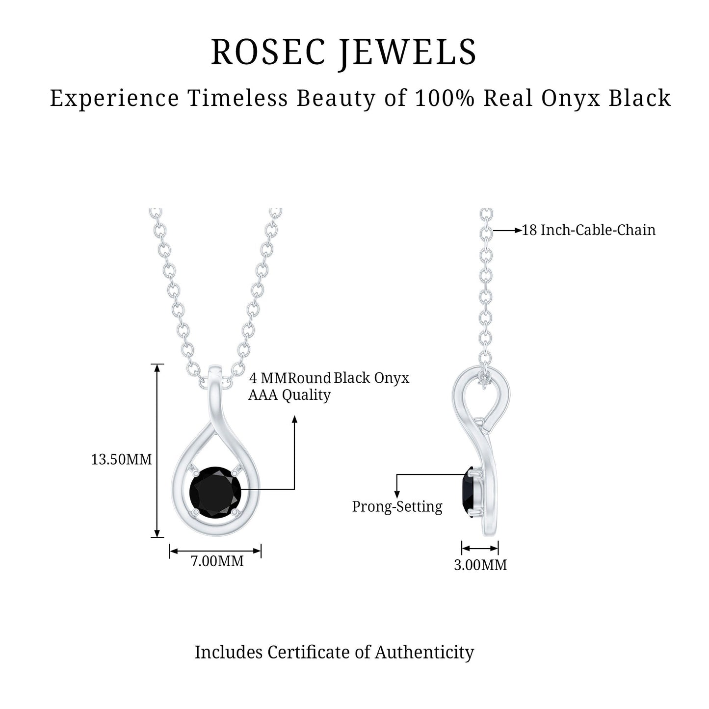 Certified 4MM Solitaire Black Onyx Teardrop Pendant With Chain