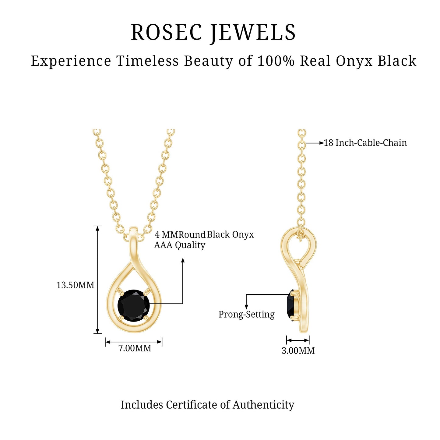 Certified 4MM Solitaire Black Onyx Teardrop Pendant With Chain