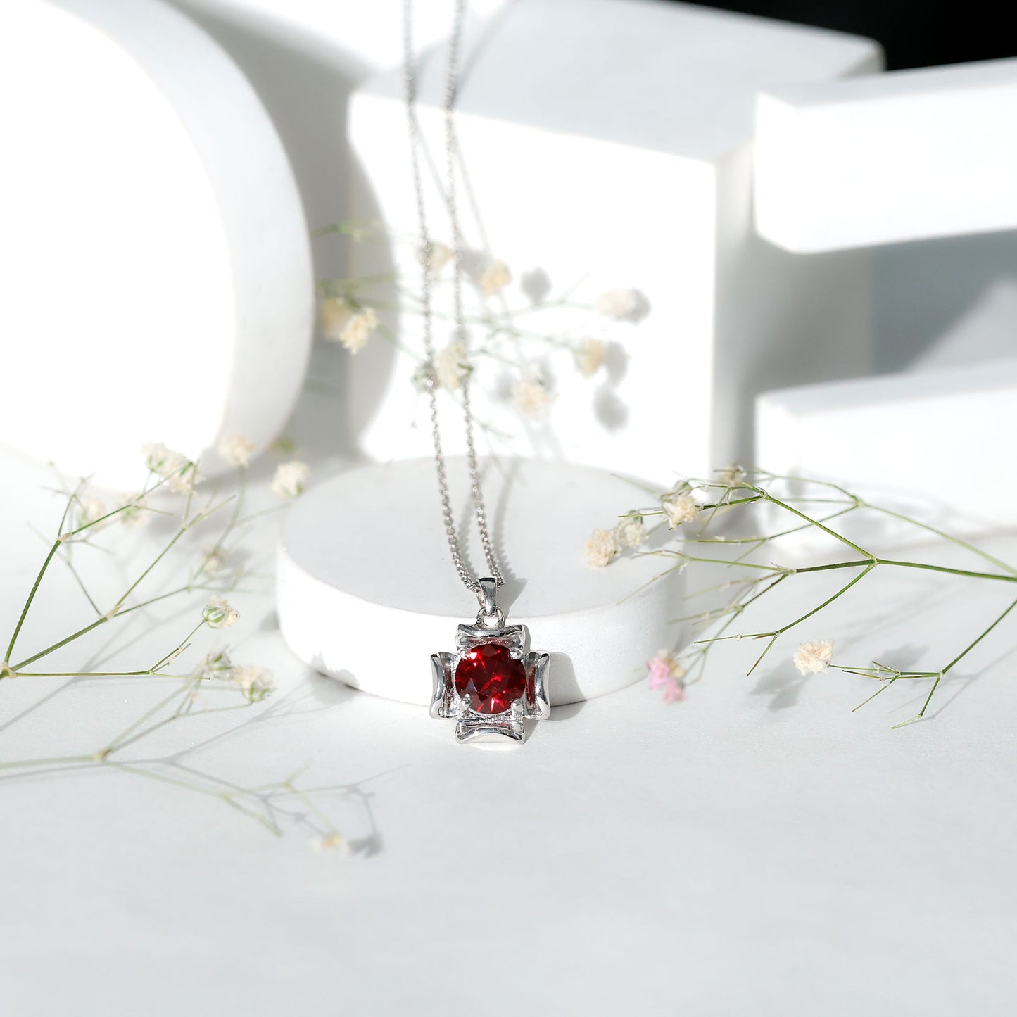 Art Deco Inspired Lab Created Ruby Solitaire Necklace