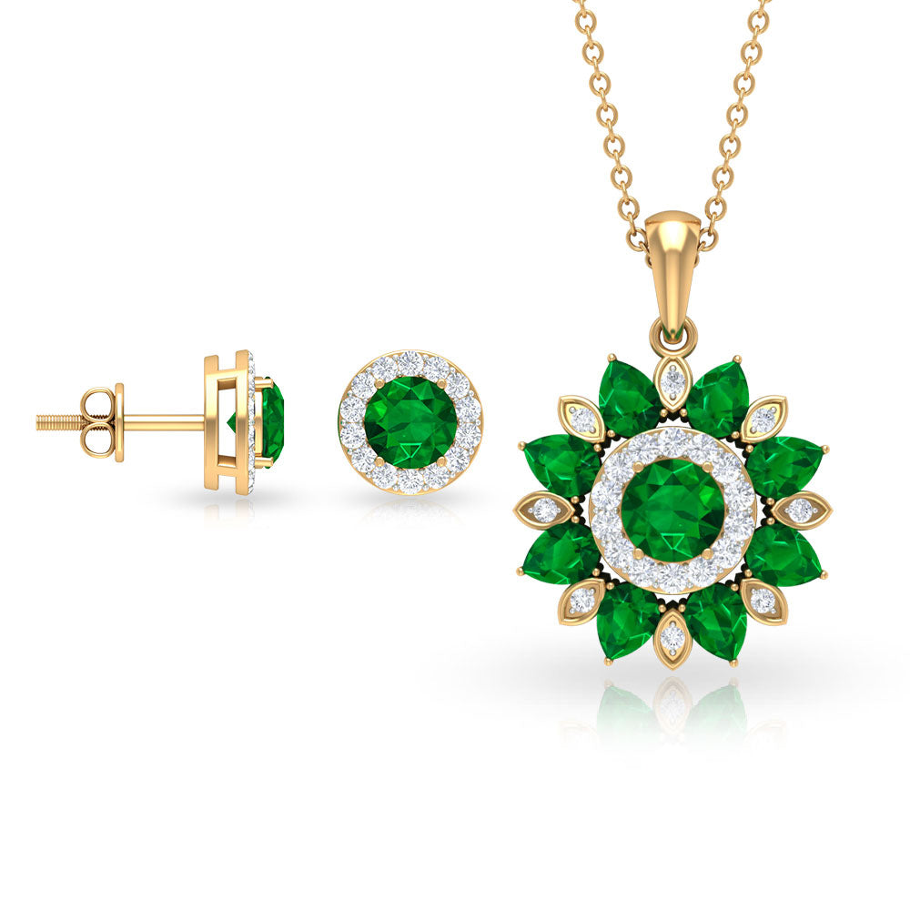 Certified Emerald and Moissanite Flower Jewelry Set