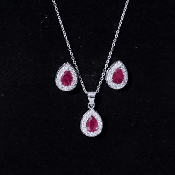 Genuine 2.6 Carat Pear Cut Ruby and Moissanite Halo Pendant and Earrings Set