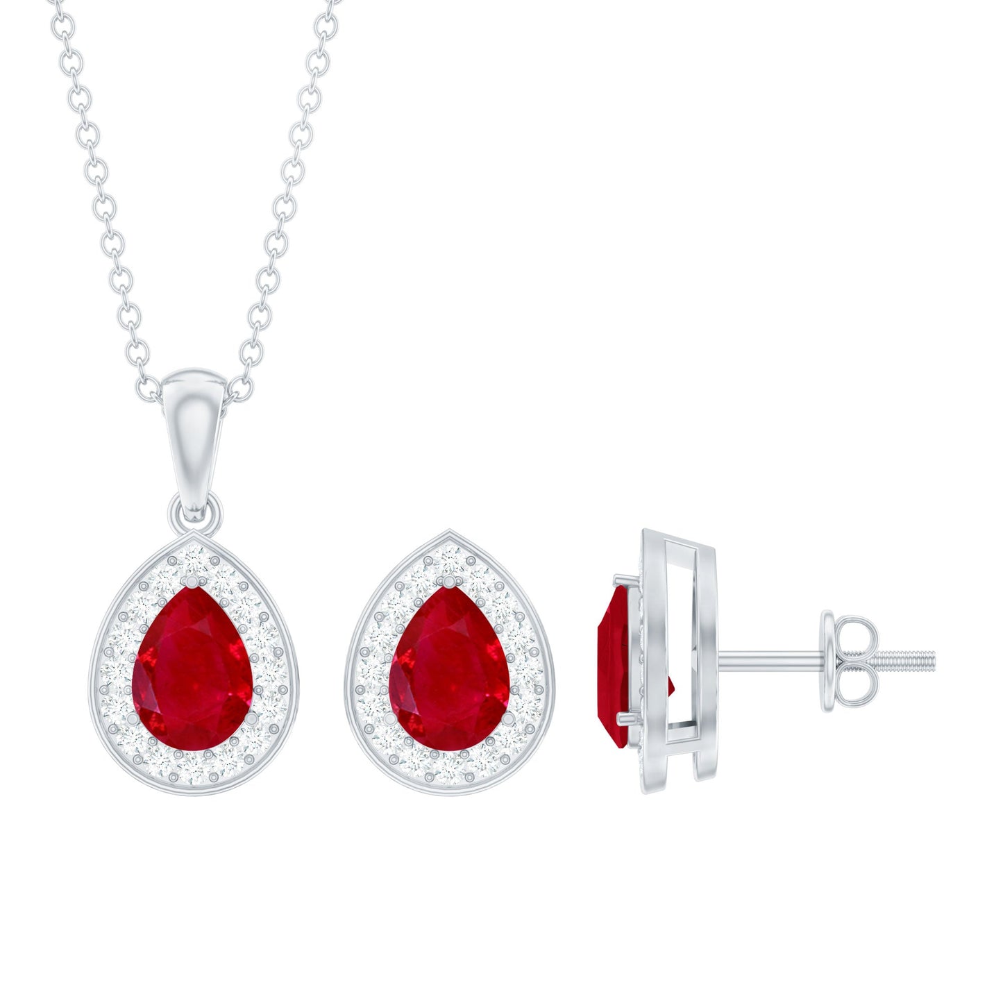Genuine 2.6 Carat Pear Cut Ruby and Moissanite Halo Pendant and Earrings Set