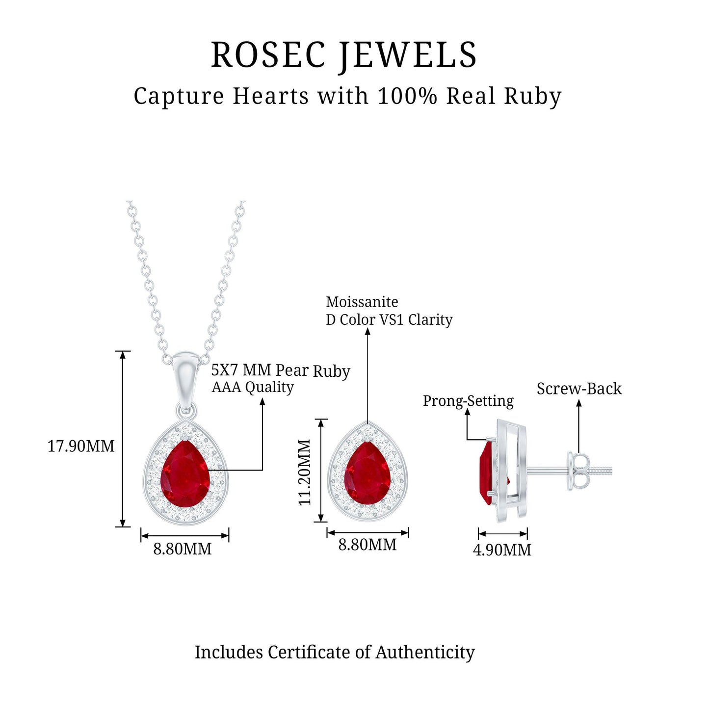 Genuine 2.6 Carat Pear Cut Ruby and Moissanite Halo Pendant and Earrings Set