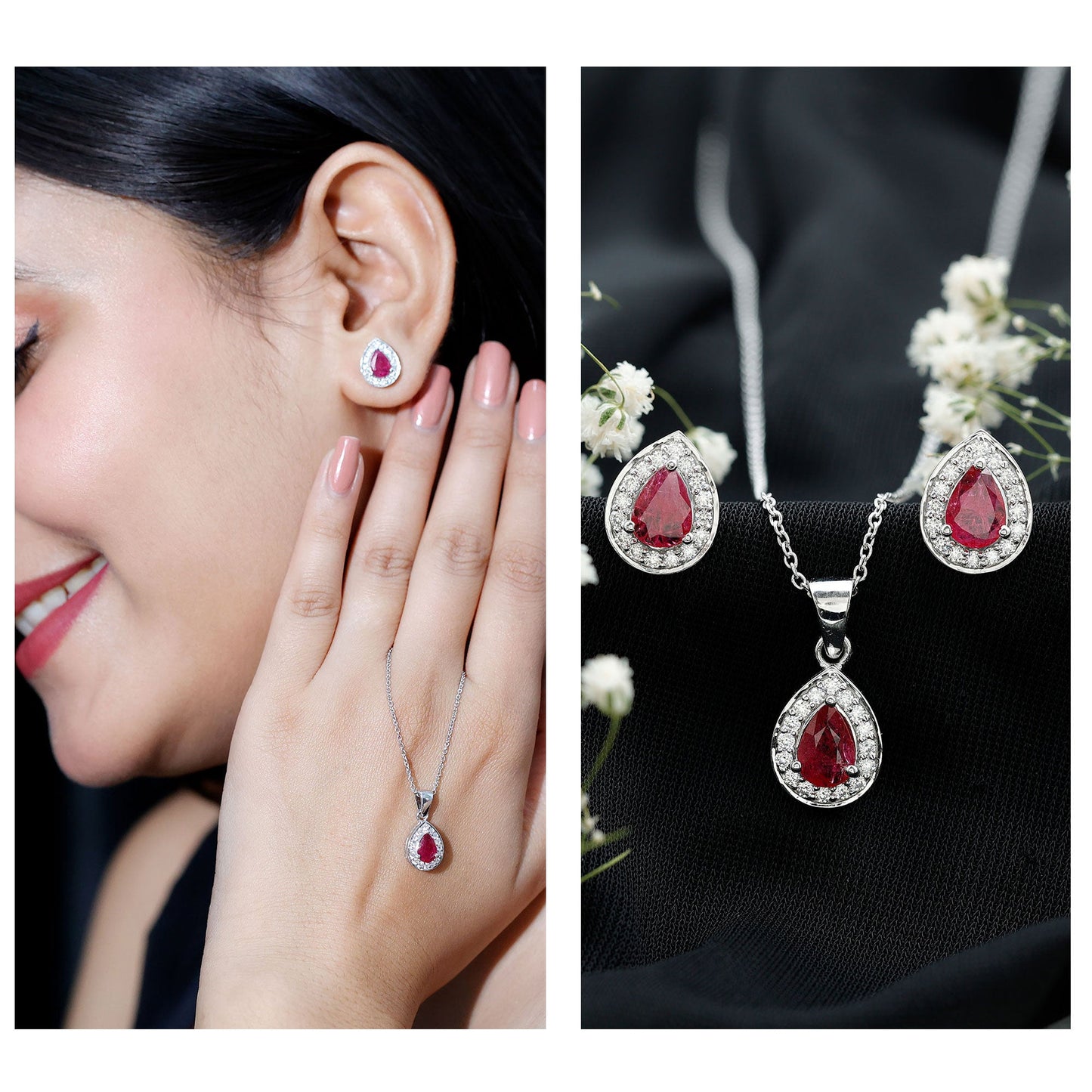 Genuine 2.6 Carat Pear Cut Ruby and Moissanite Halo Pendant and Earrings Set