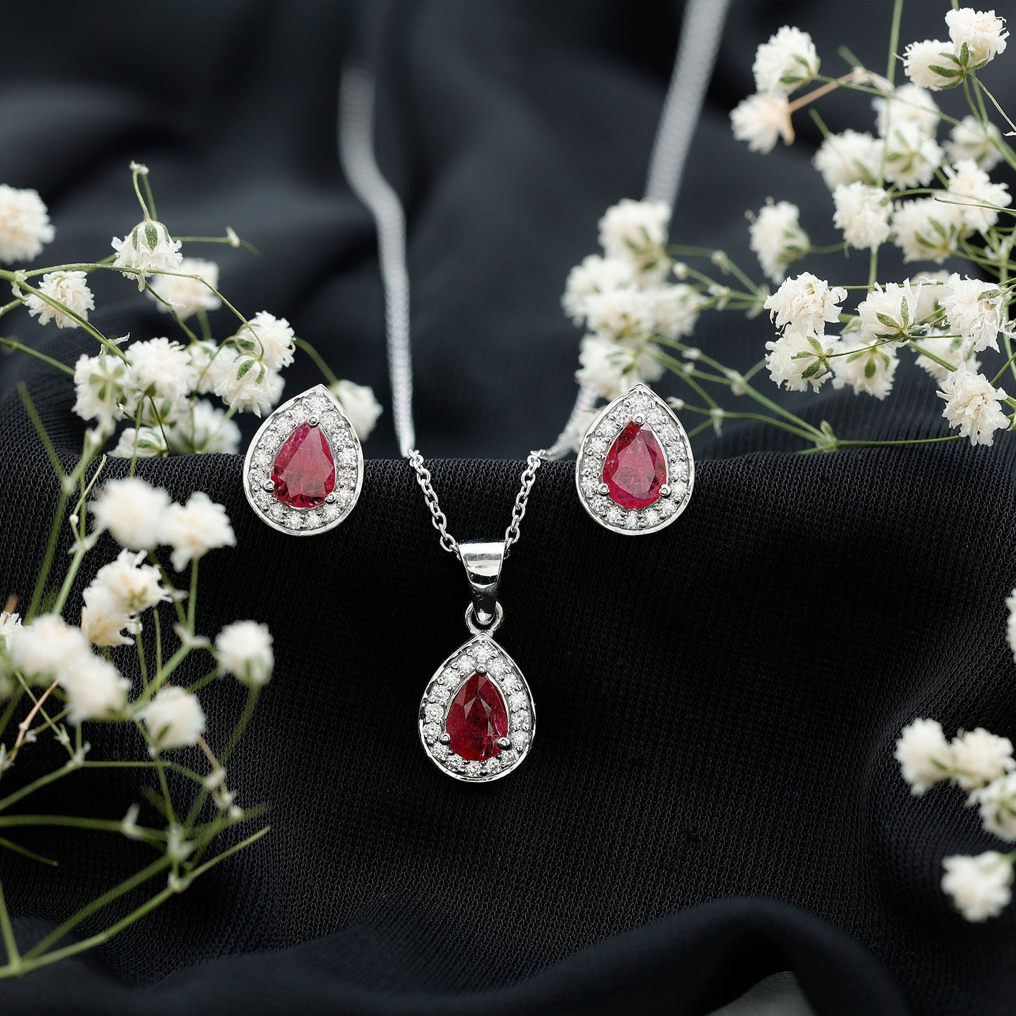 Genuine 2.6 Carat Pear Cut Ruby and Moissanite Halo Pendant and Earrings Set