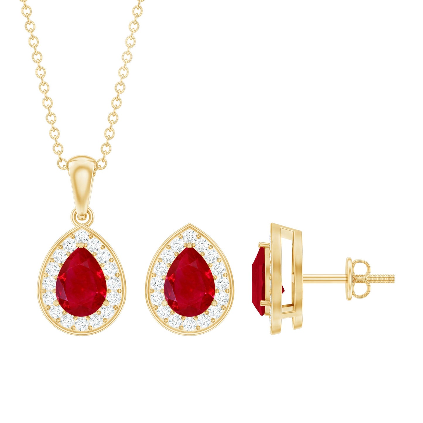 Genuine 2.6 Carat Pear Cut Ruby and Moissanite Halo Pendant and Earrings Set