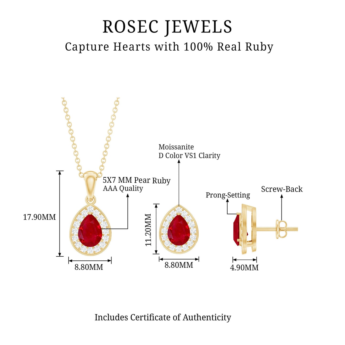 Genuine 2.6 Carat Pear Cut Ruby and Moissanite Halo Pendant and Earrings Set