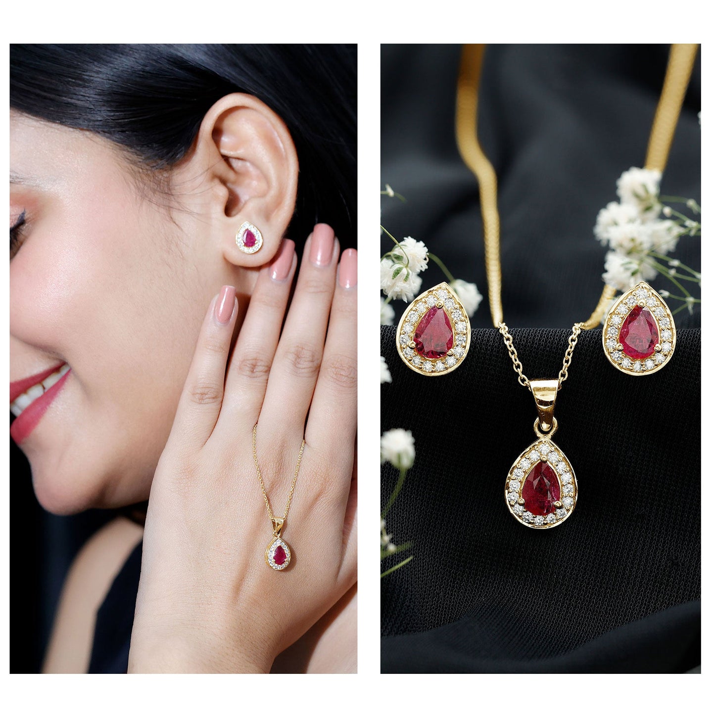 Genuine 2.6 Carat Pear Cut Ruby and Moissanite Halo Pendant and Earrings Set