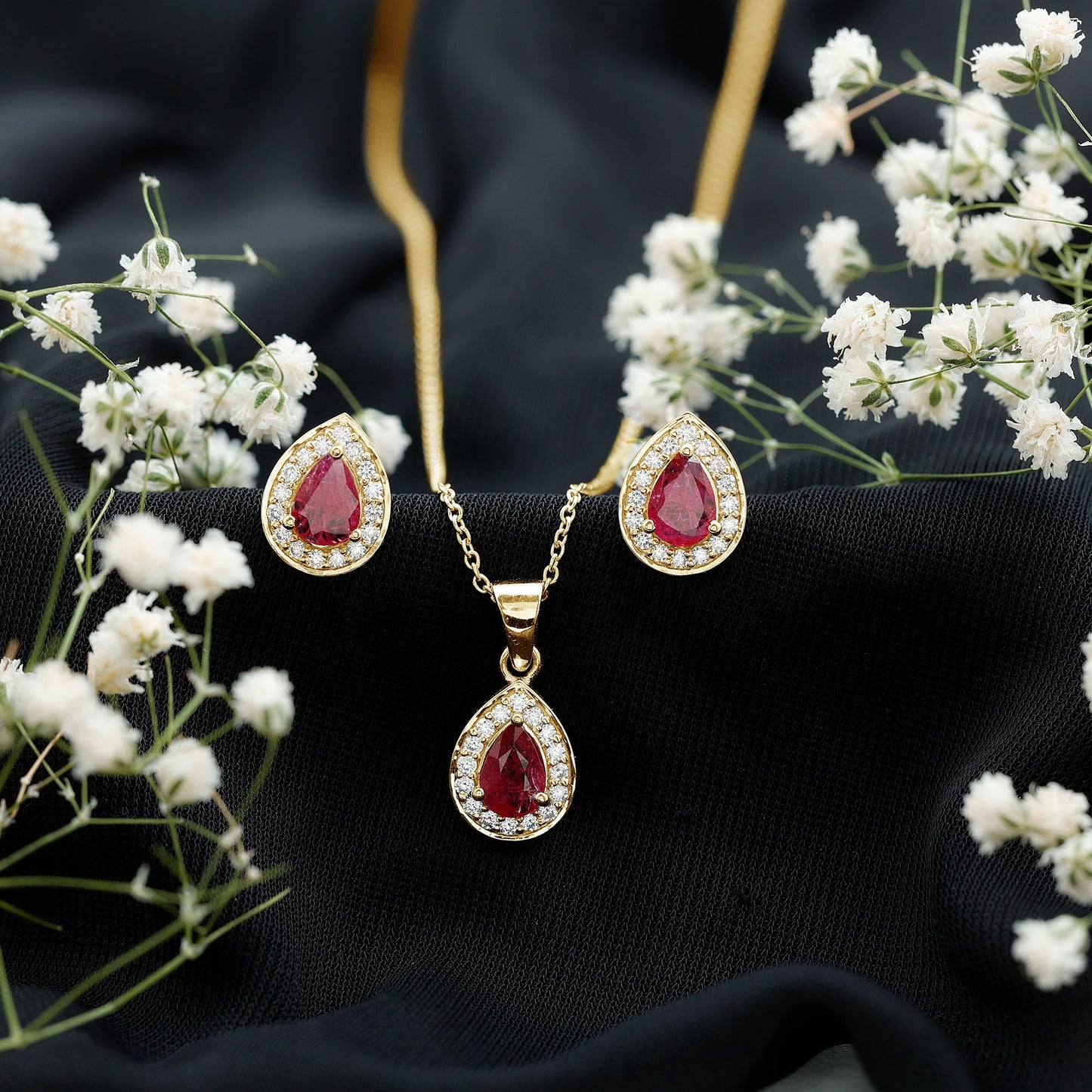 Genuine 2.6 Carat Pear Cut Ruby and Moissanite Halo Pendant and Earrings Set