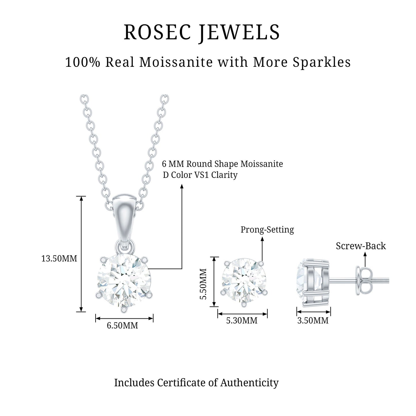 2 CT Round Shape Moissanite Solitaire Jewelry Set
