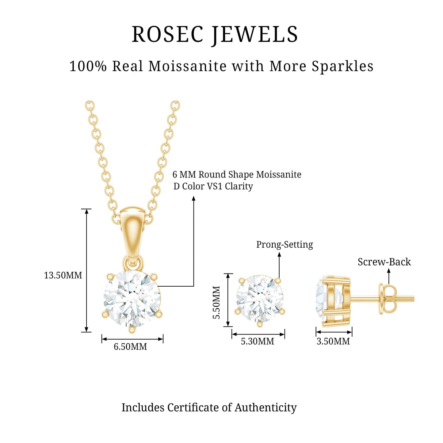 2 CT Round Shape Moissanite Solitaire Jewelry Set