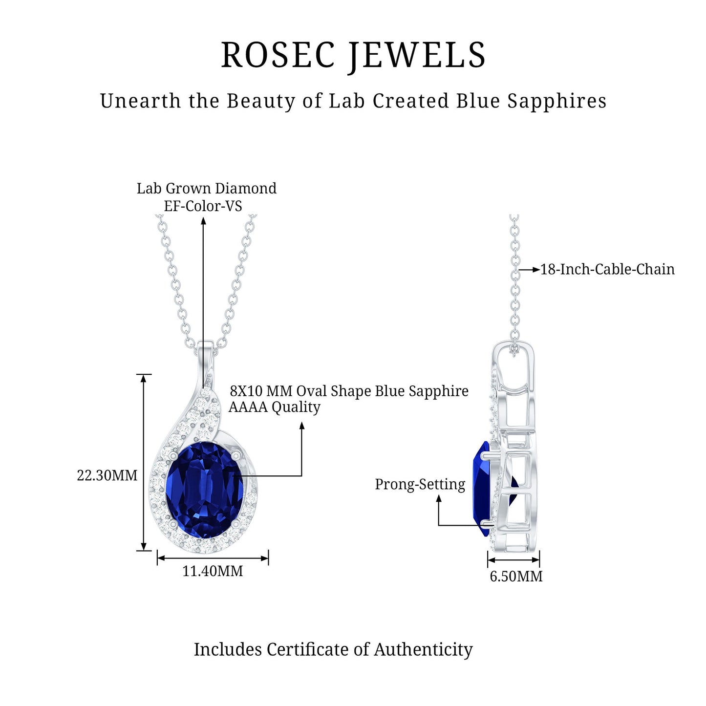 Lab Grown Blue Sapphire and Diamond Oval Pendant Necklace