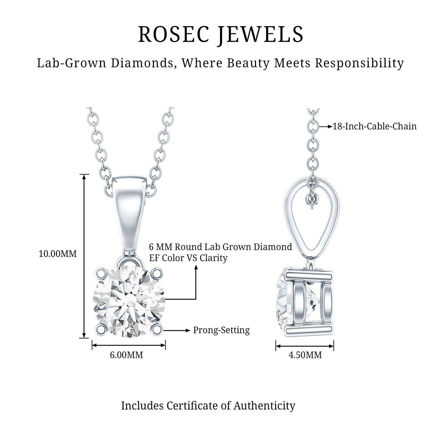 Certified 0.9 Carat Lab Grown Diamond Solitaire Necklace with Silver Chain