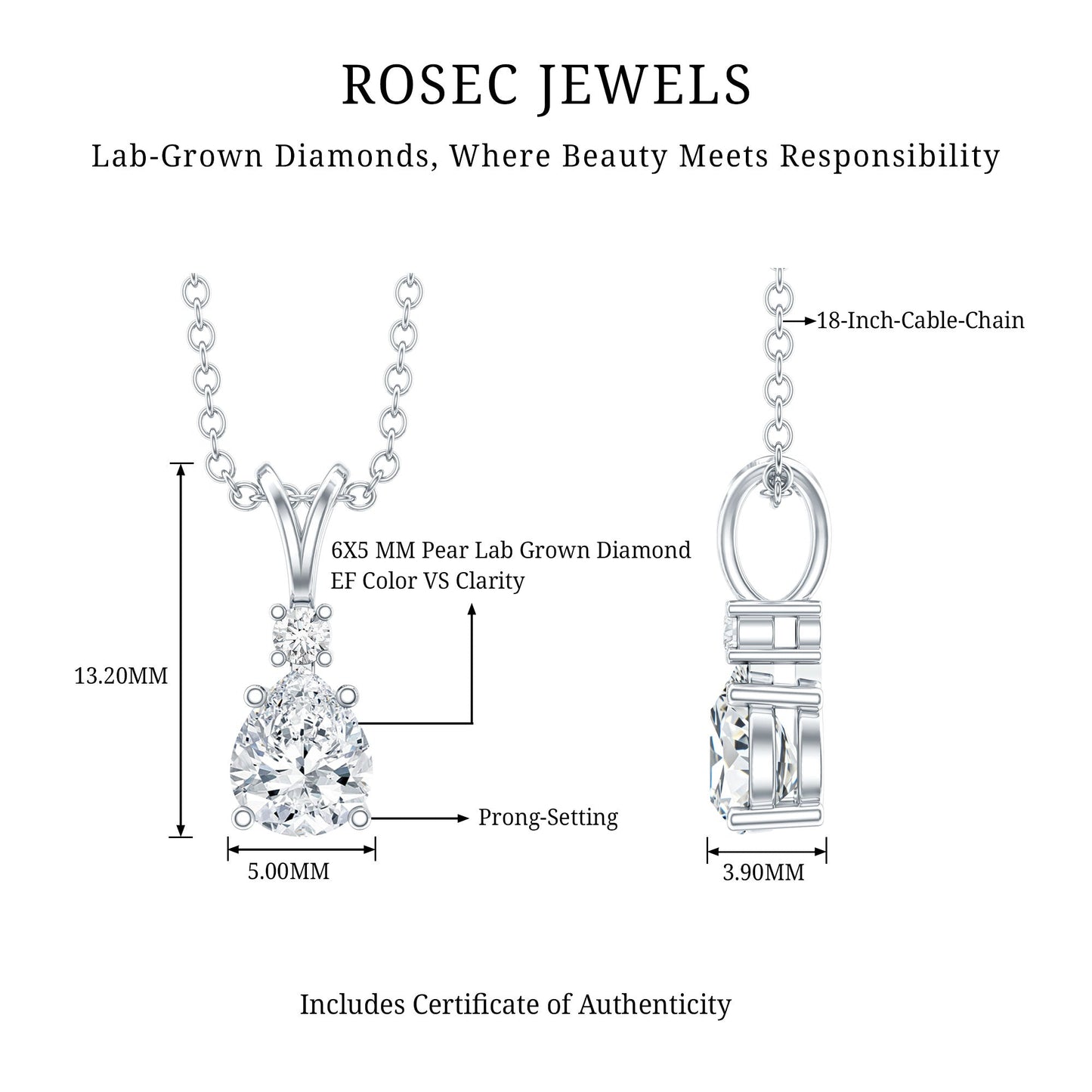 6X5 MM Lab Grown Diamond Teardrop Pendant Necklace