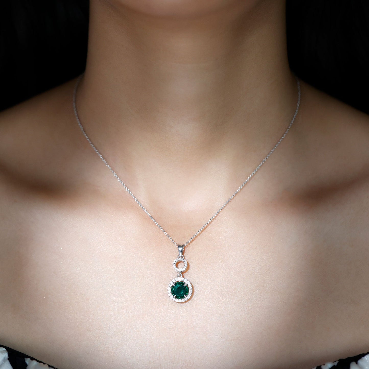 Lab Grown Emerald and Moissanite Halo Pendant Necklace