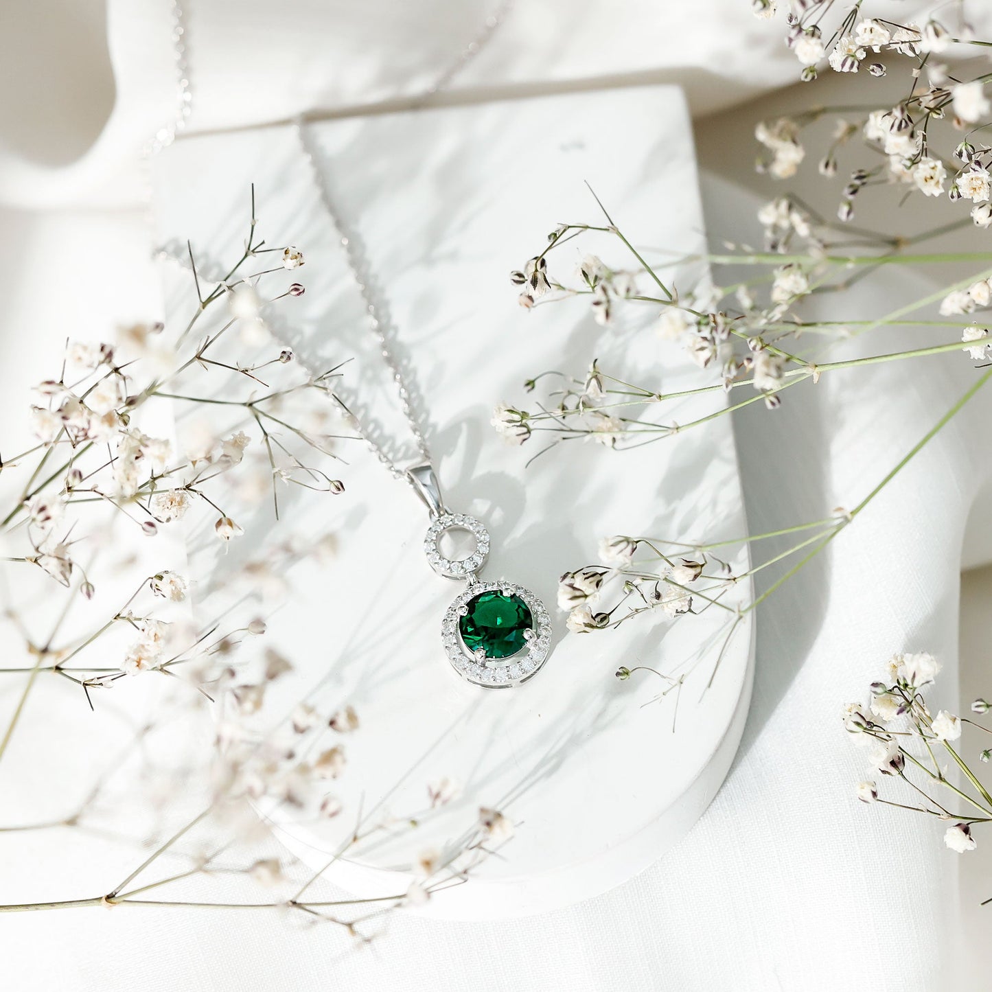 Lab Grown Emerald and Moissanite Halo Pendant Necklace