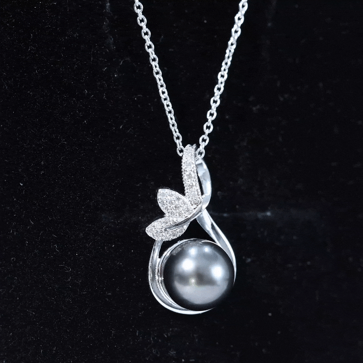 10MM Black Pearl and Diamond Bridal Pendant Necklace