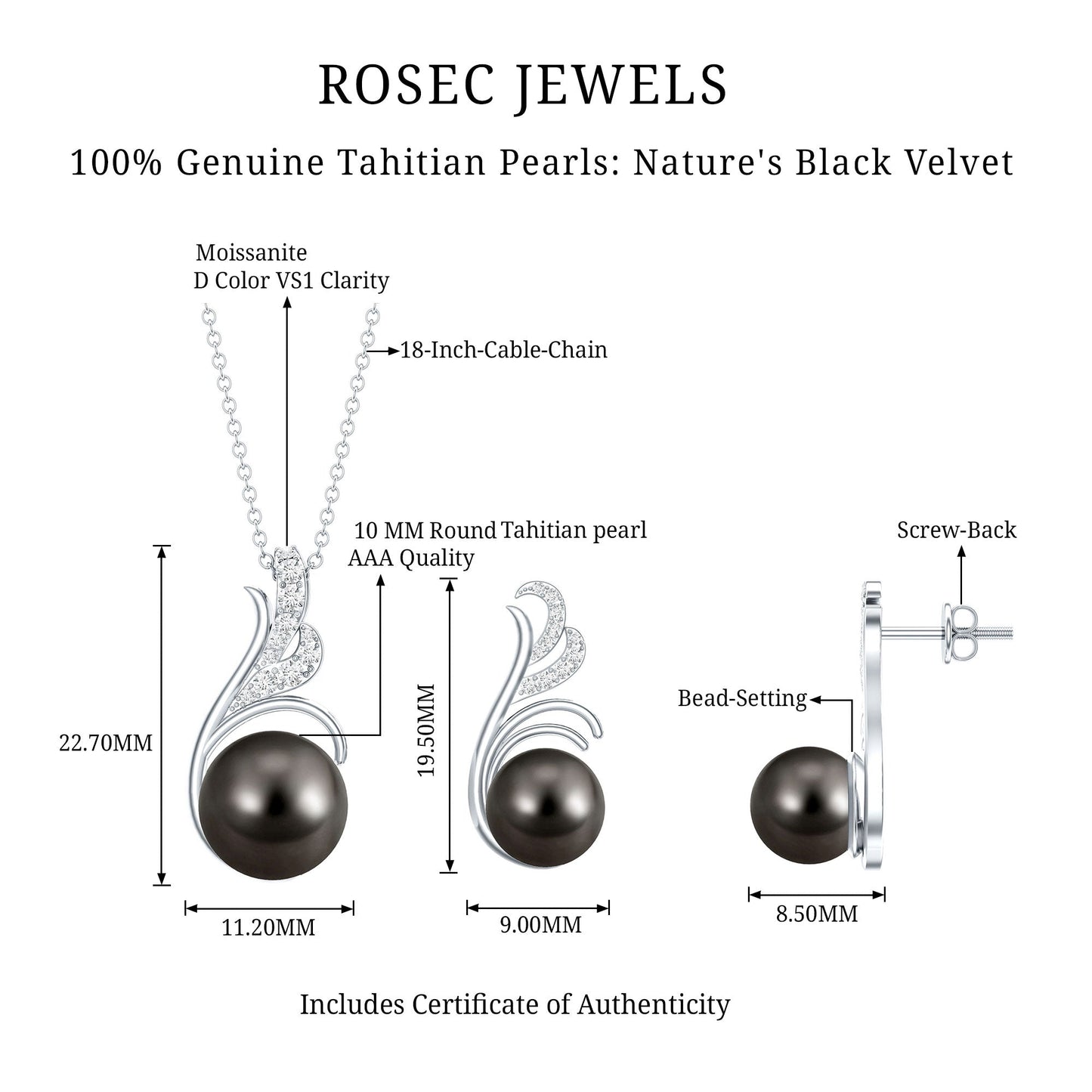 Designer Tahitian Black Pearl Necklace and Earrings Set with Moissanite