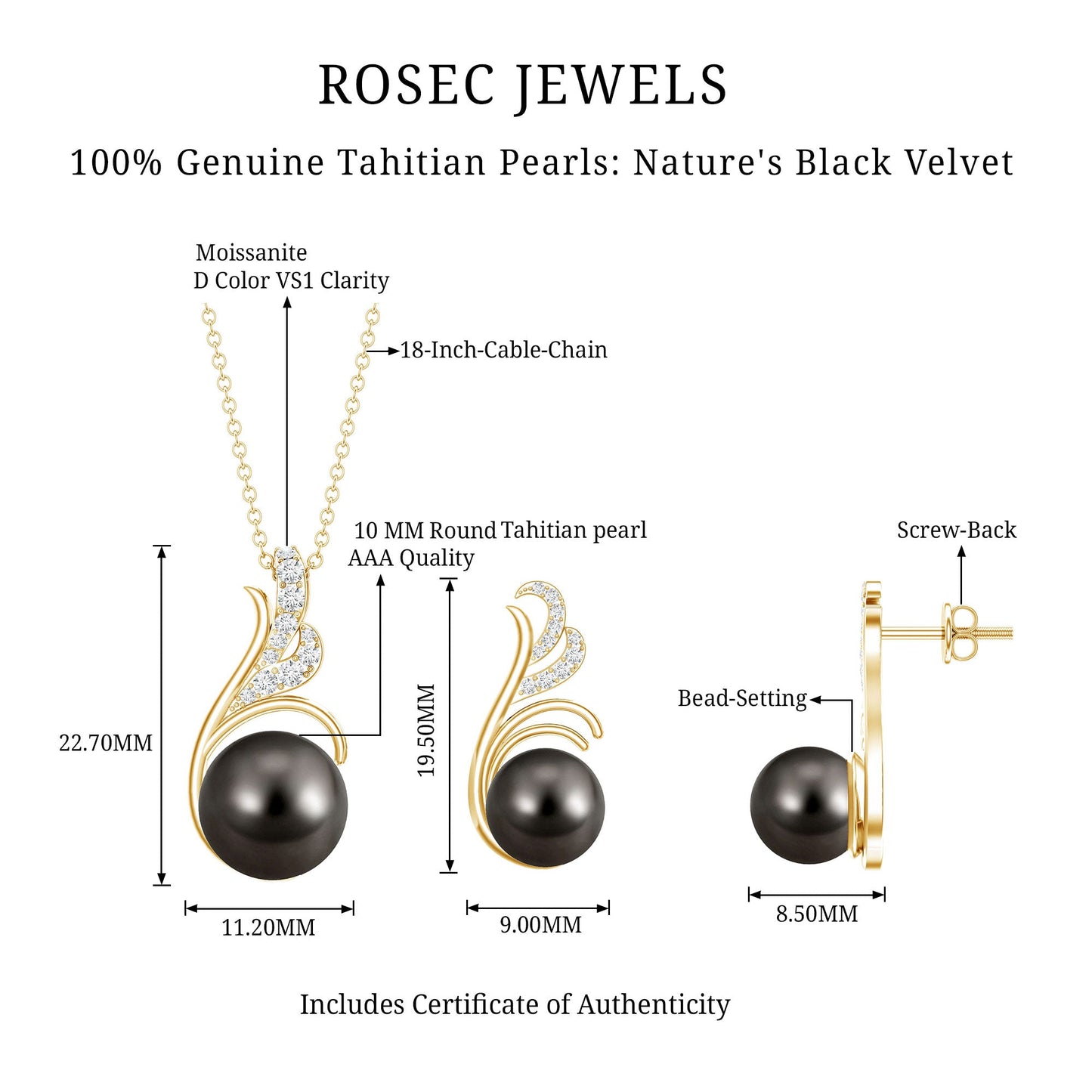 Designer Tahitian Black Pearl Necklace and Earrings Set with Moissanite