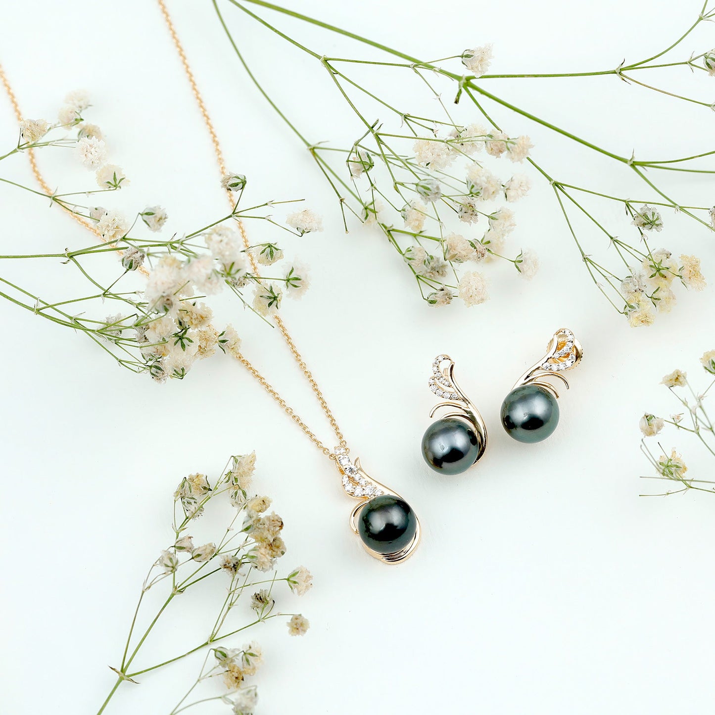 Designer Tahitian Black Pearl Necklace and Earrings Set with Moissanite