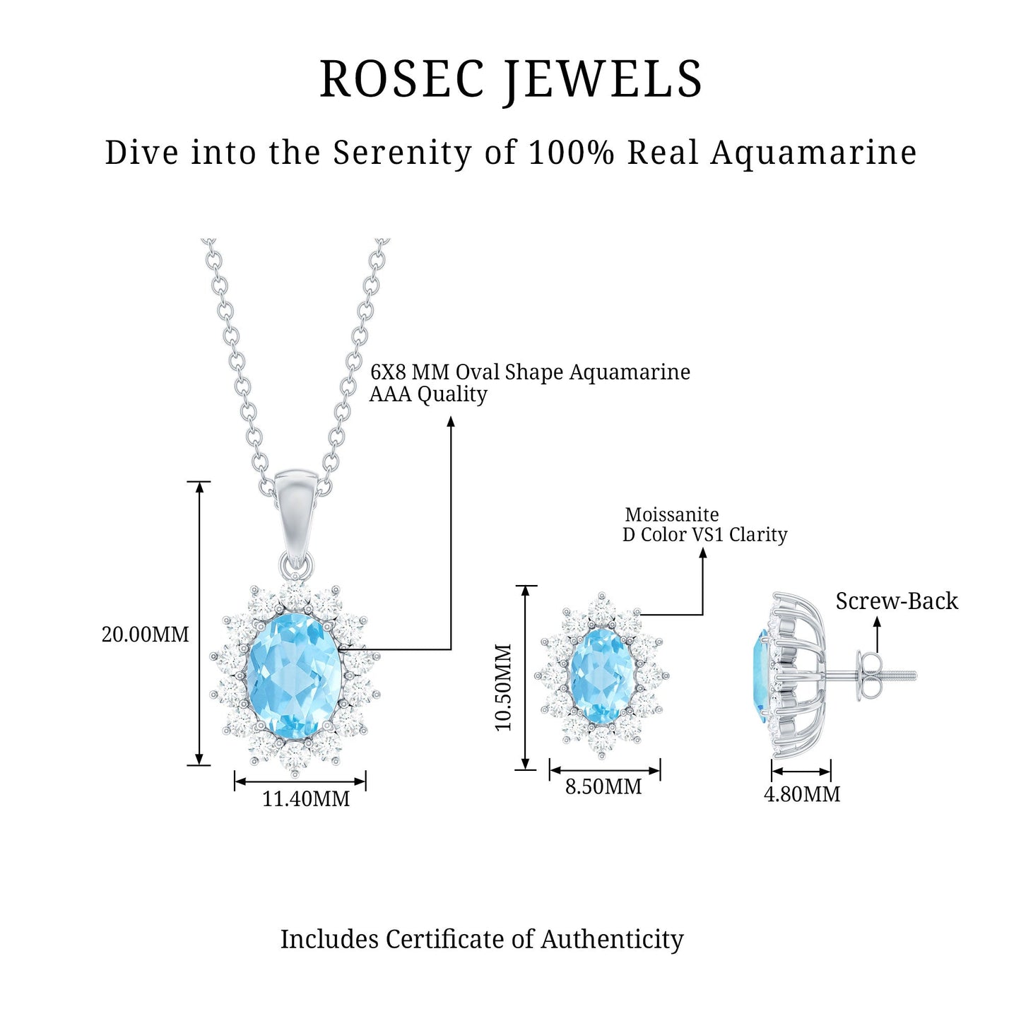 Natural 2 Carat Oval Aquamarine Necklace and Earrings Set with Certificate