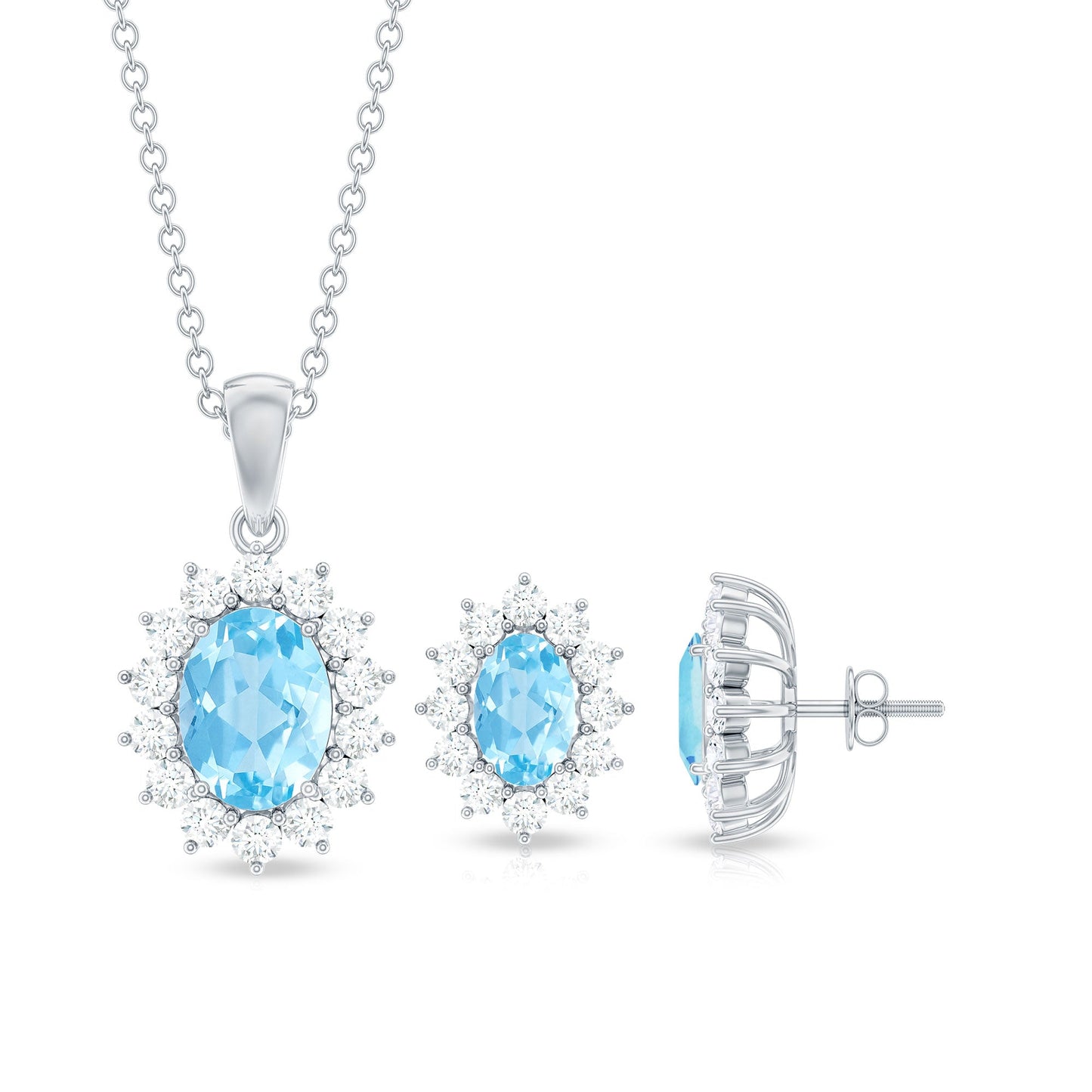 Natural 2 Carat Oval Aquamarine Necklace and Earrings Set with Certificate