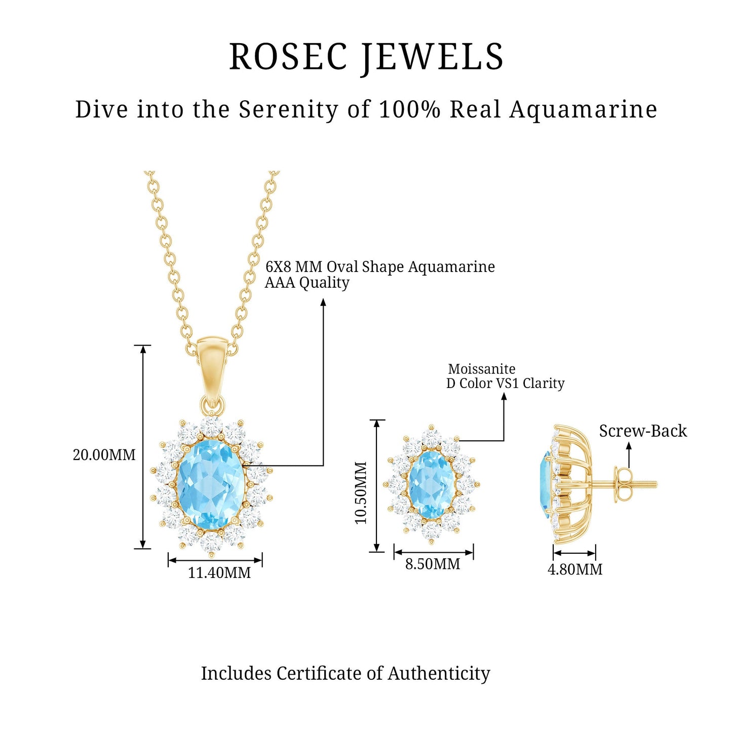 Natural 2 Carat Oval Aquamarine Necklace and Earrings Set with Certificate