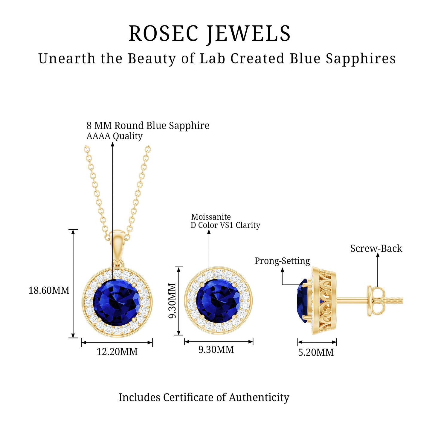 Classic Lab Grown Blue Sapphire And Moissanite Halo Bridal Jewelry Set