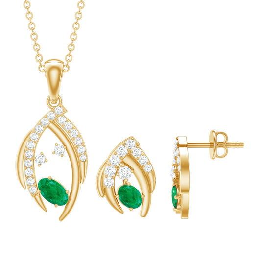 Minimalist Emerald and Diamond Necklace and Earrings Set