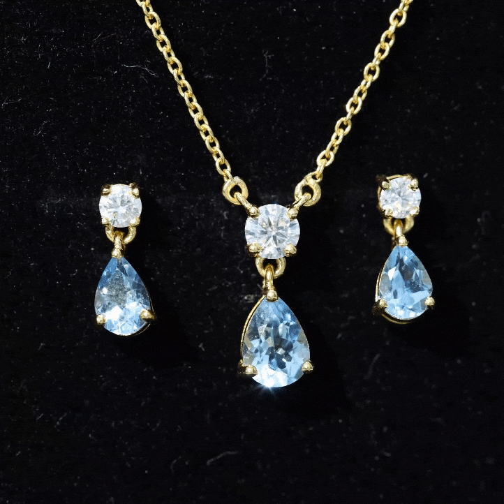 Real Pear Cut Aquamarine Teardrop Jewelry Set with Moissanite