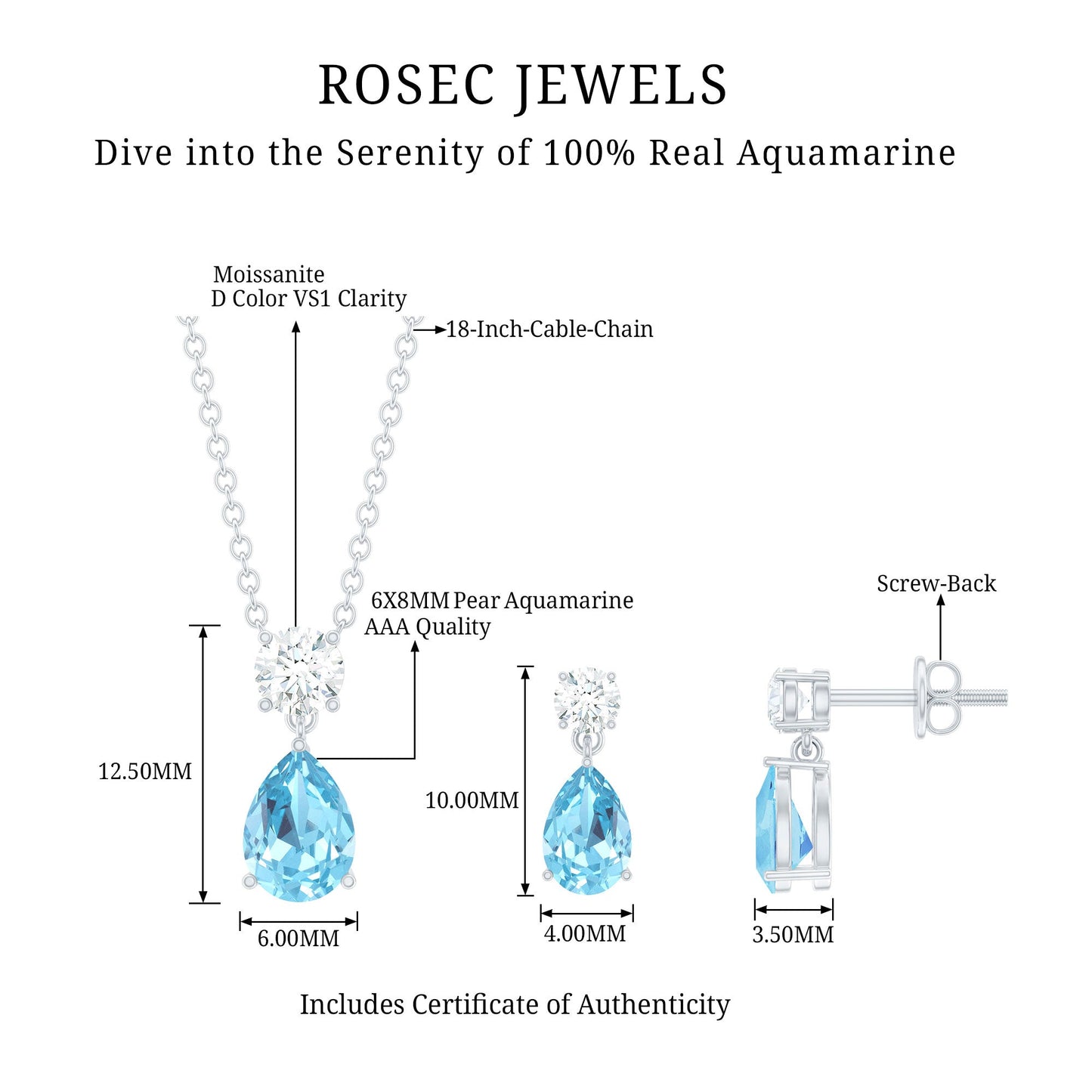 Real Pear Cut Aquamarine Teardrop Jewelry Set with Moissanite
