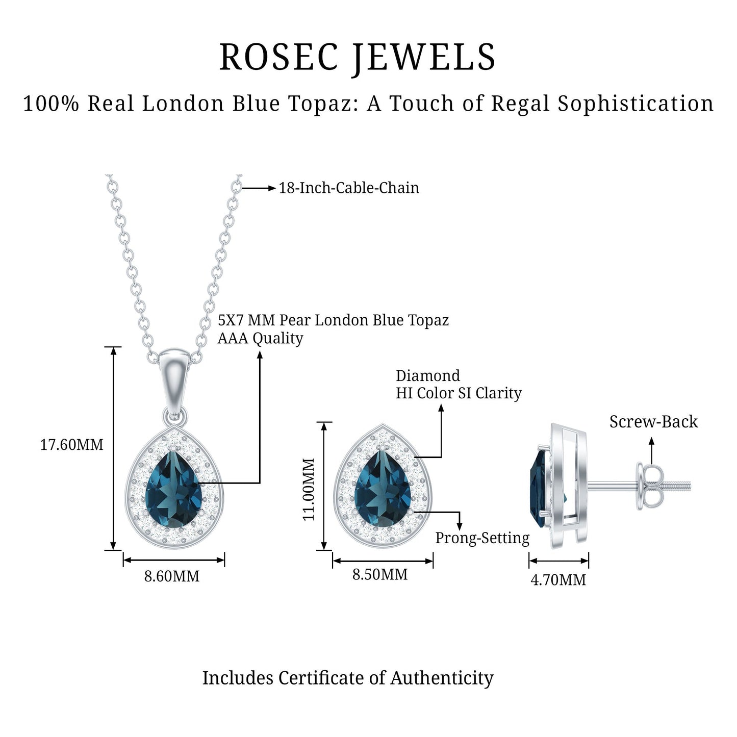 Pear Cut London Blue Topaz and Diamond Classic jewelry Set