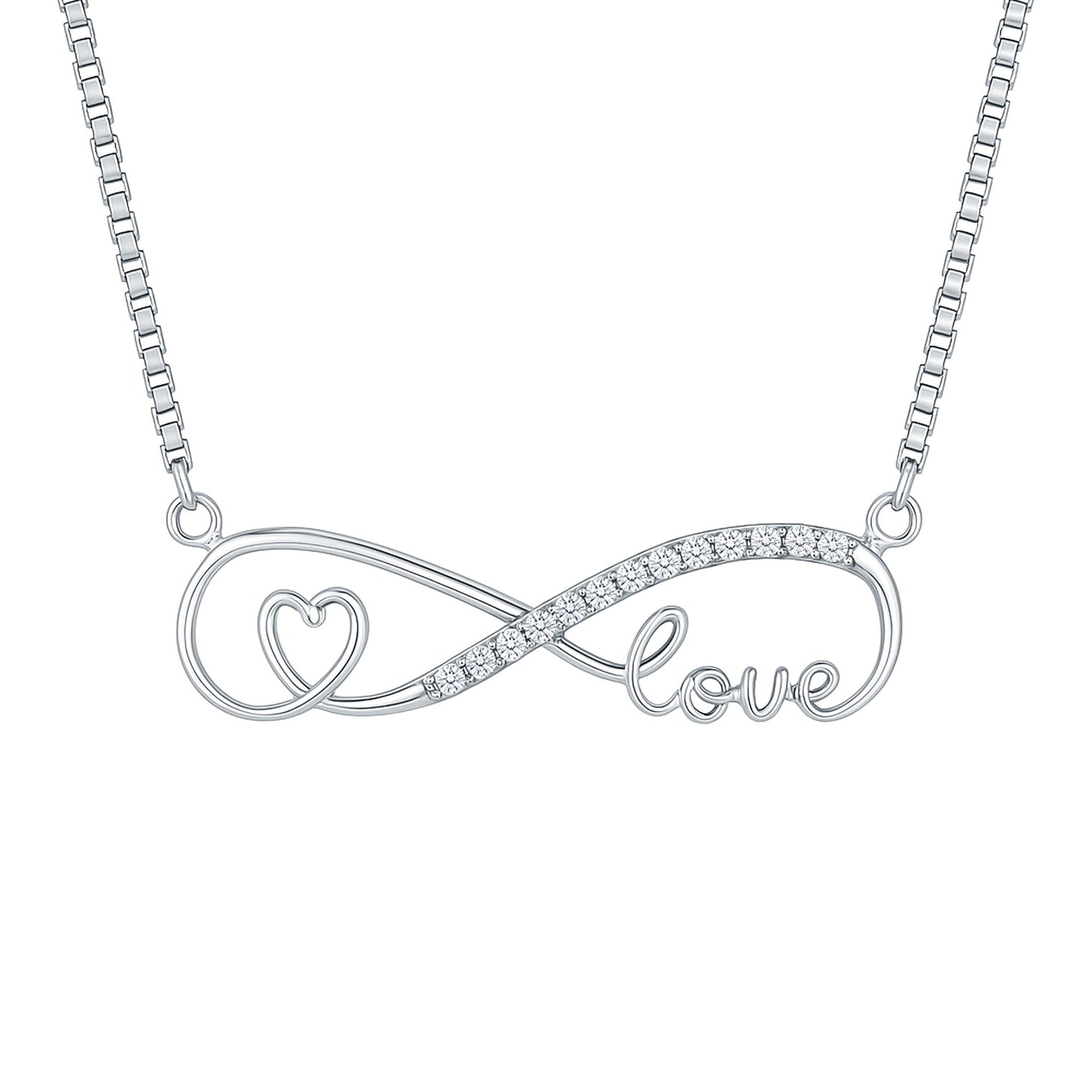 Sterling Silver Cubic Zirconia Infinity Necklace with Heart and Love