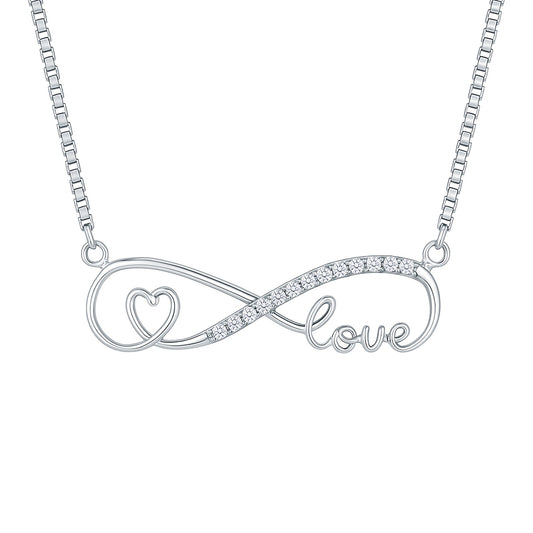 Sterling Silver Cubic Zirconia Infinity Necklace with Heart and Love