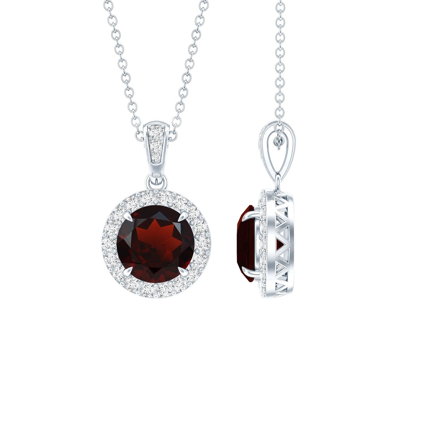 Sterling Silver 2.3 Carat Garnet Halo Necklace with Silver Chain