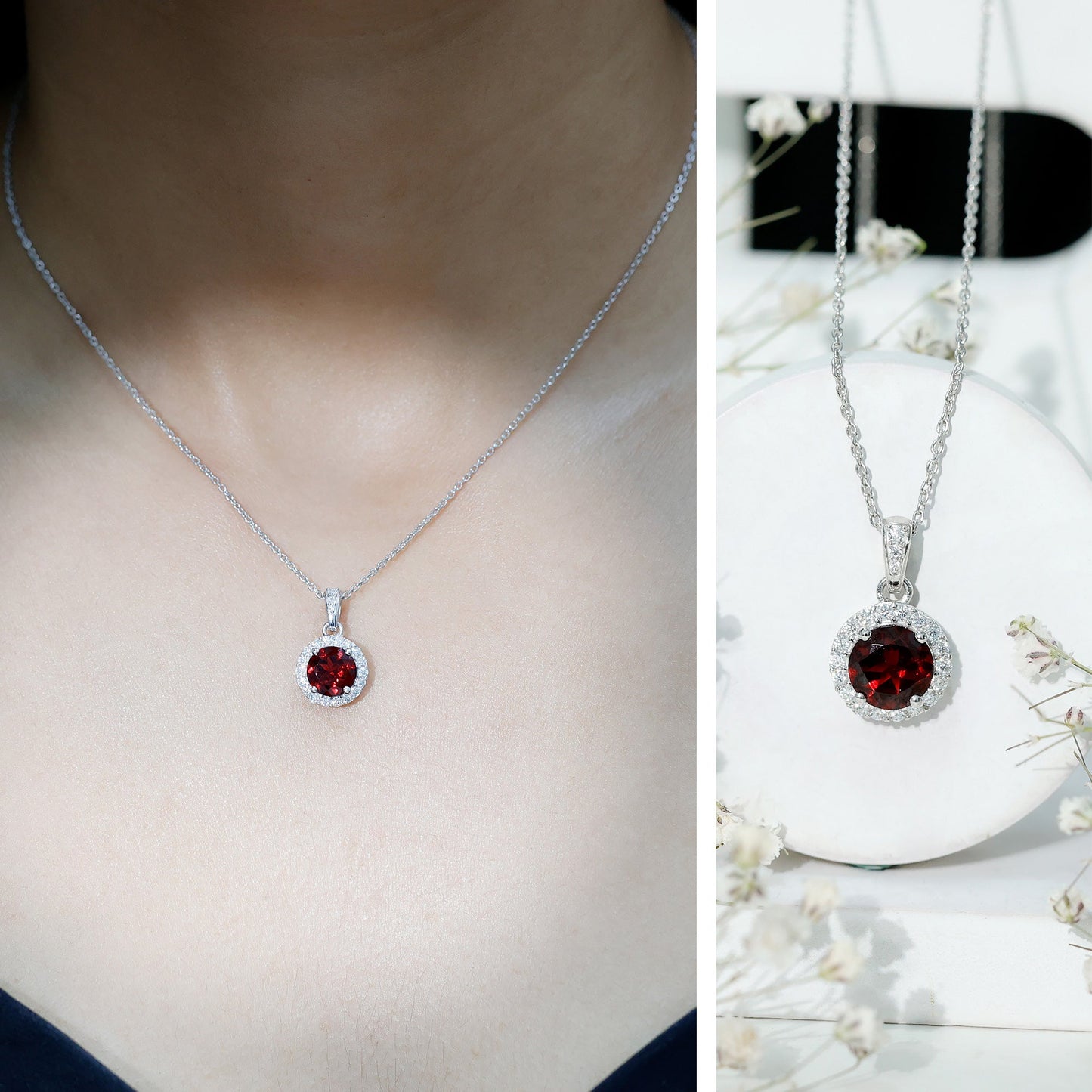 Sterling Silver 2.3 Carat Garnet Halo Necklace with Silver Chain
