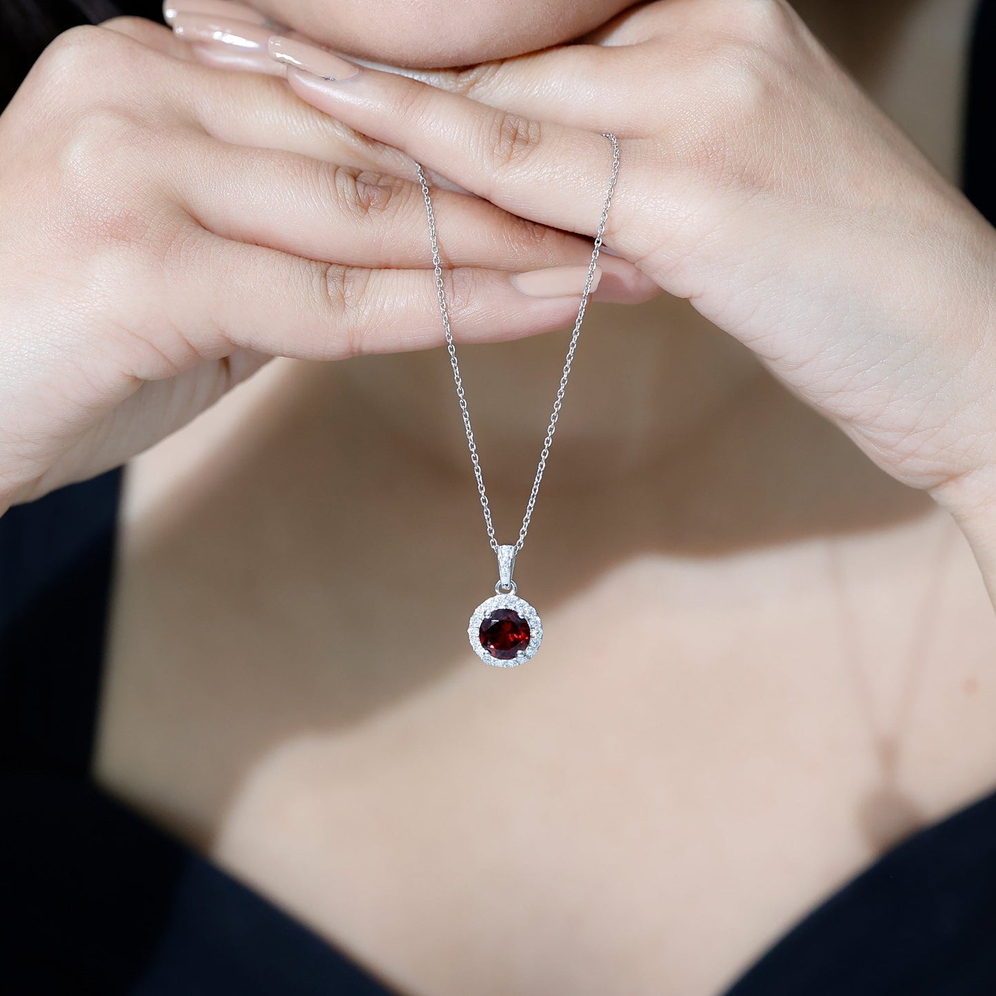 Sterling Silver 2.3 Carat Garnet Halo Necklace with Silver Chain