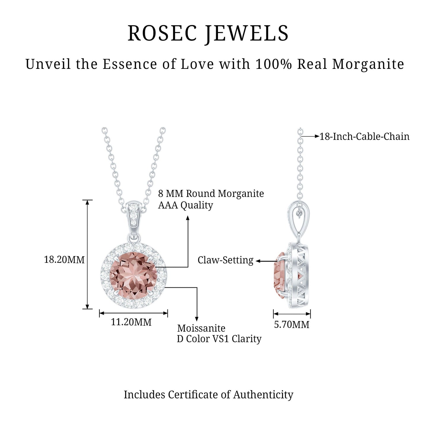 Natural 2 Carat Peach Morganite Solitaire Necklace With Silver Chain