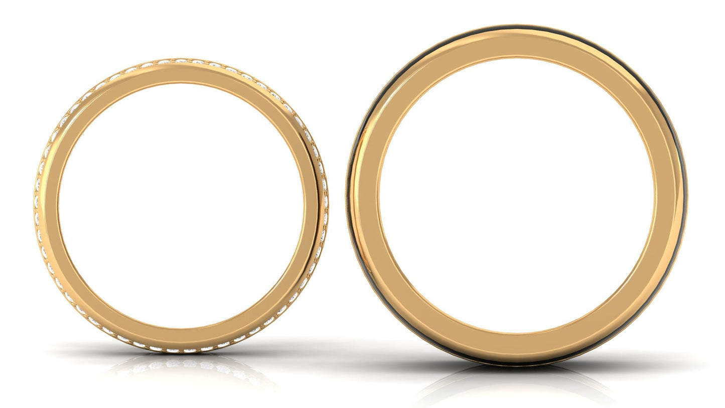 Diamond Couple Band Ring Set with Black Enamel