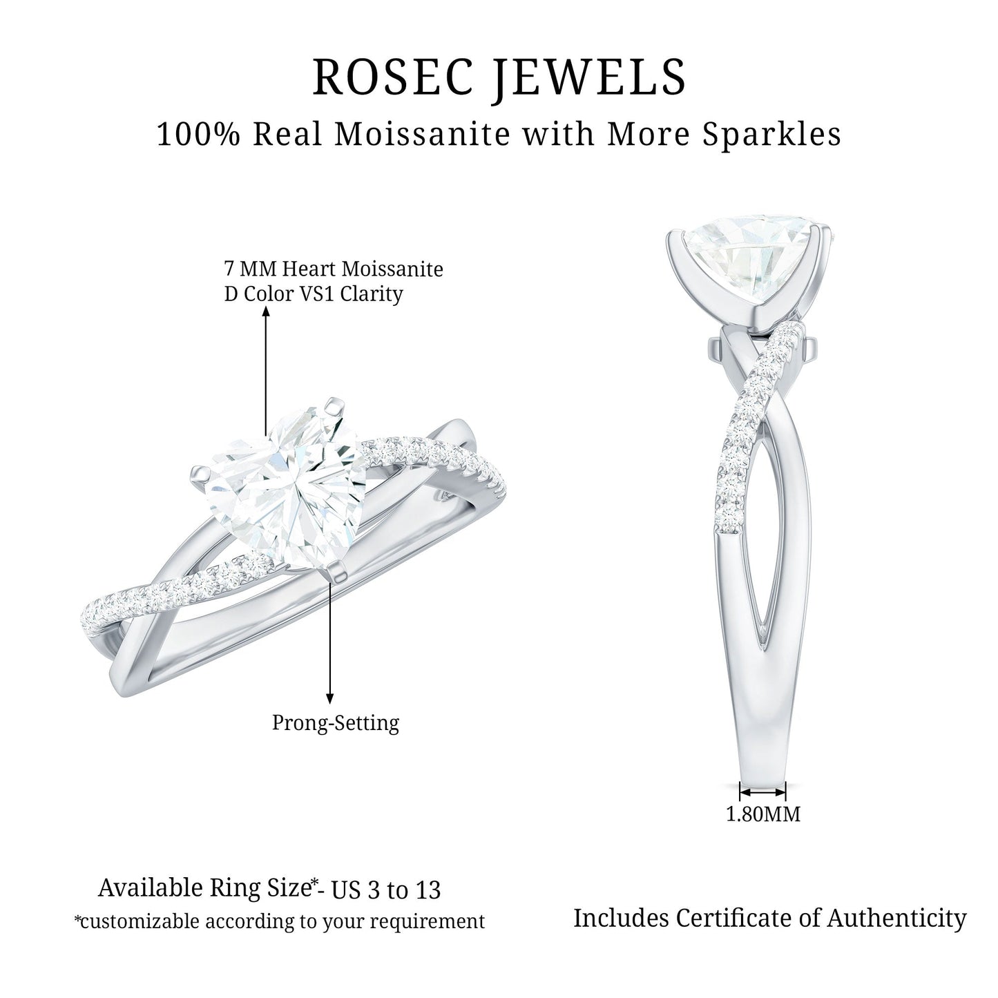 Heart Shape Moissanite Crossover Engagement Ring for Her