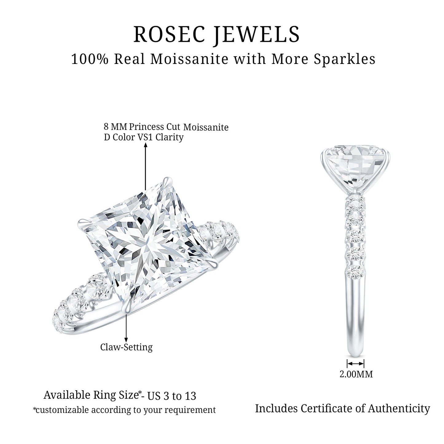 Certified 8 MM Moissanite Princess Cut Engagement Ring with Side Stones