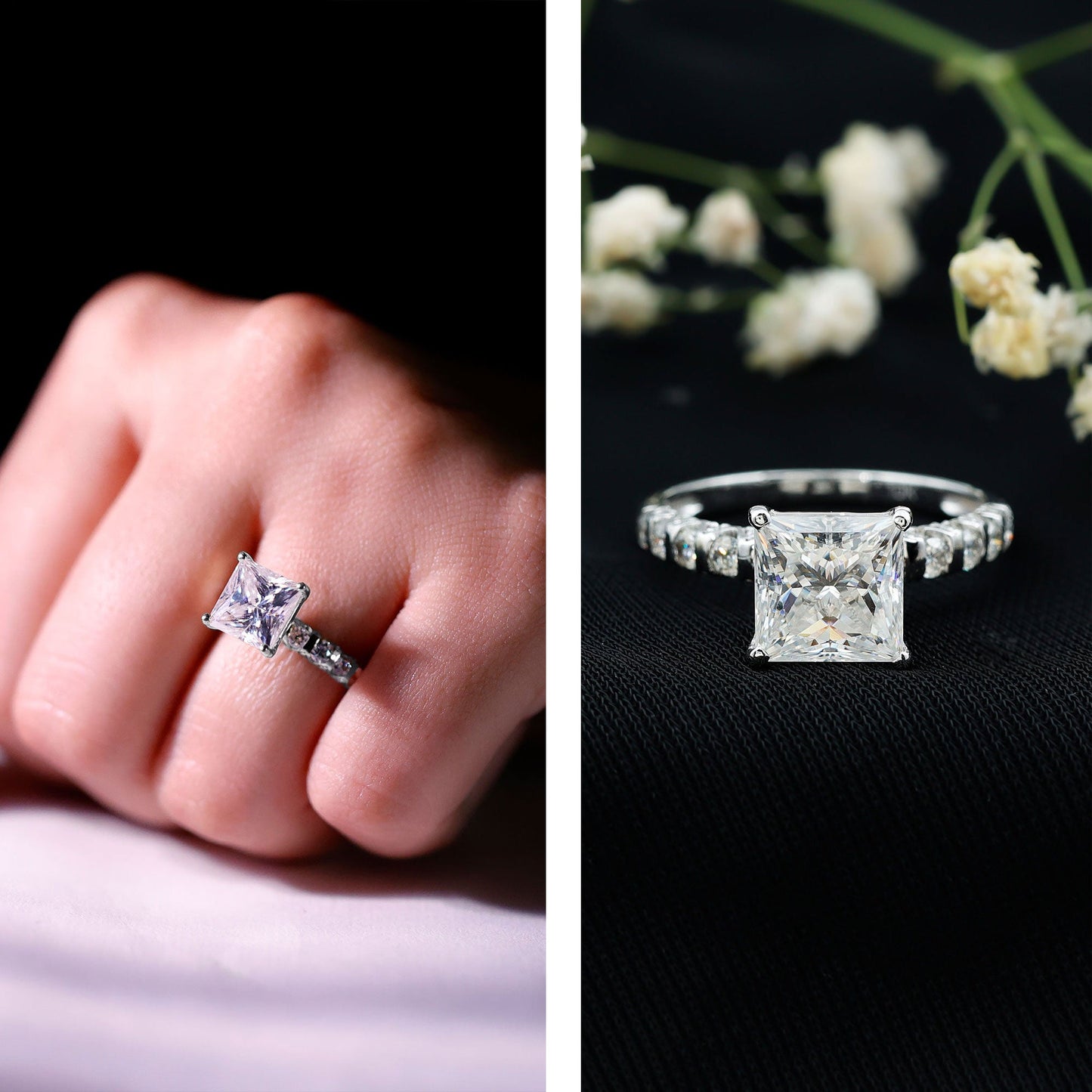 Certified 8 MM Moissanite Princess Cut Engagement Ring with Side Stones