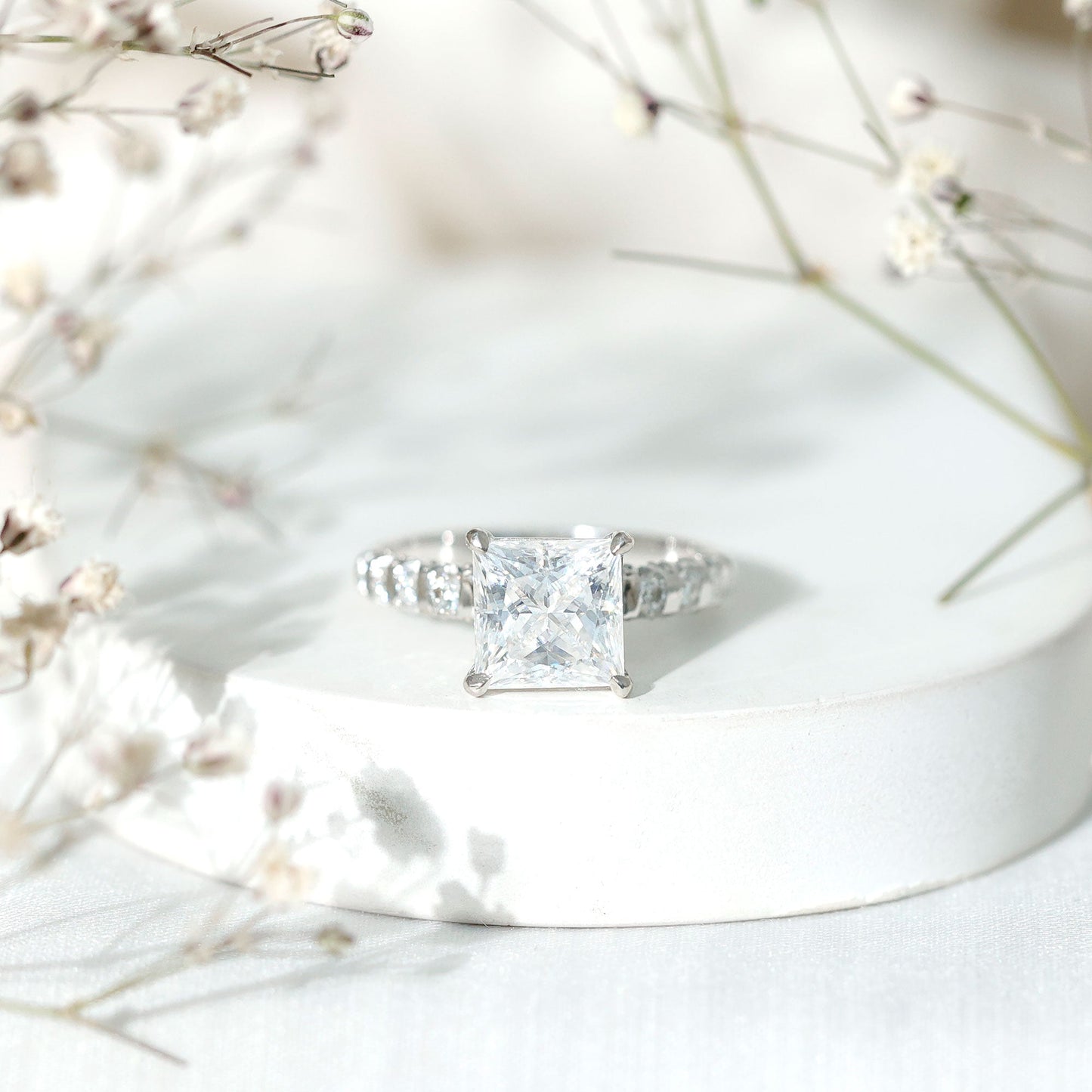 Certified 8 MM Moissanite Princess Cut Engagement Ring with Side Stones