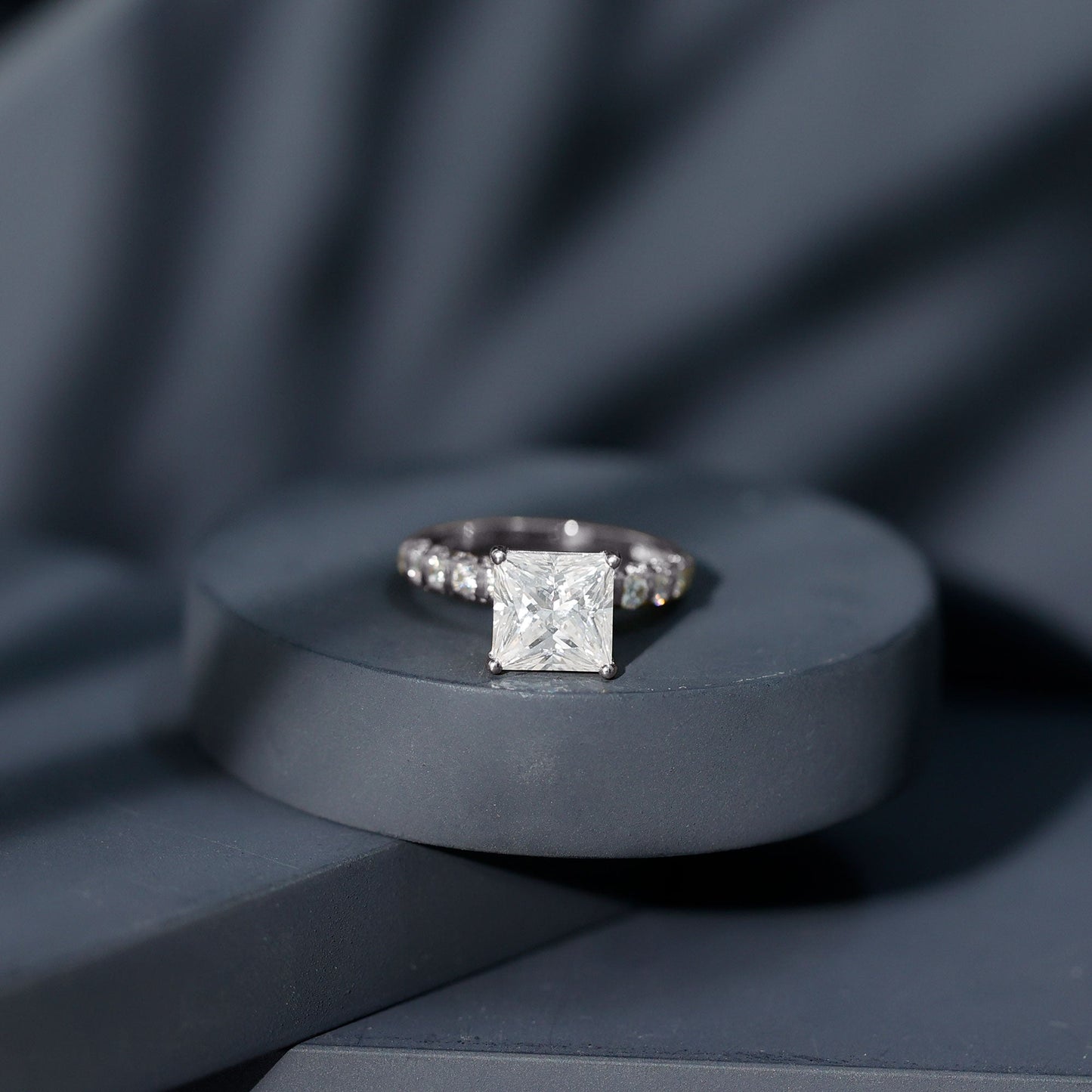 Certified 8 MM Moissanite Princess Cut Engagement Ring with Side Stones