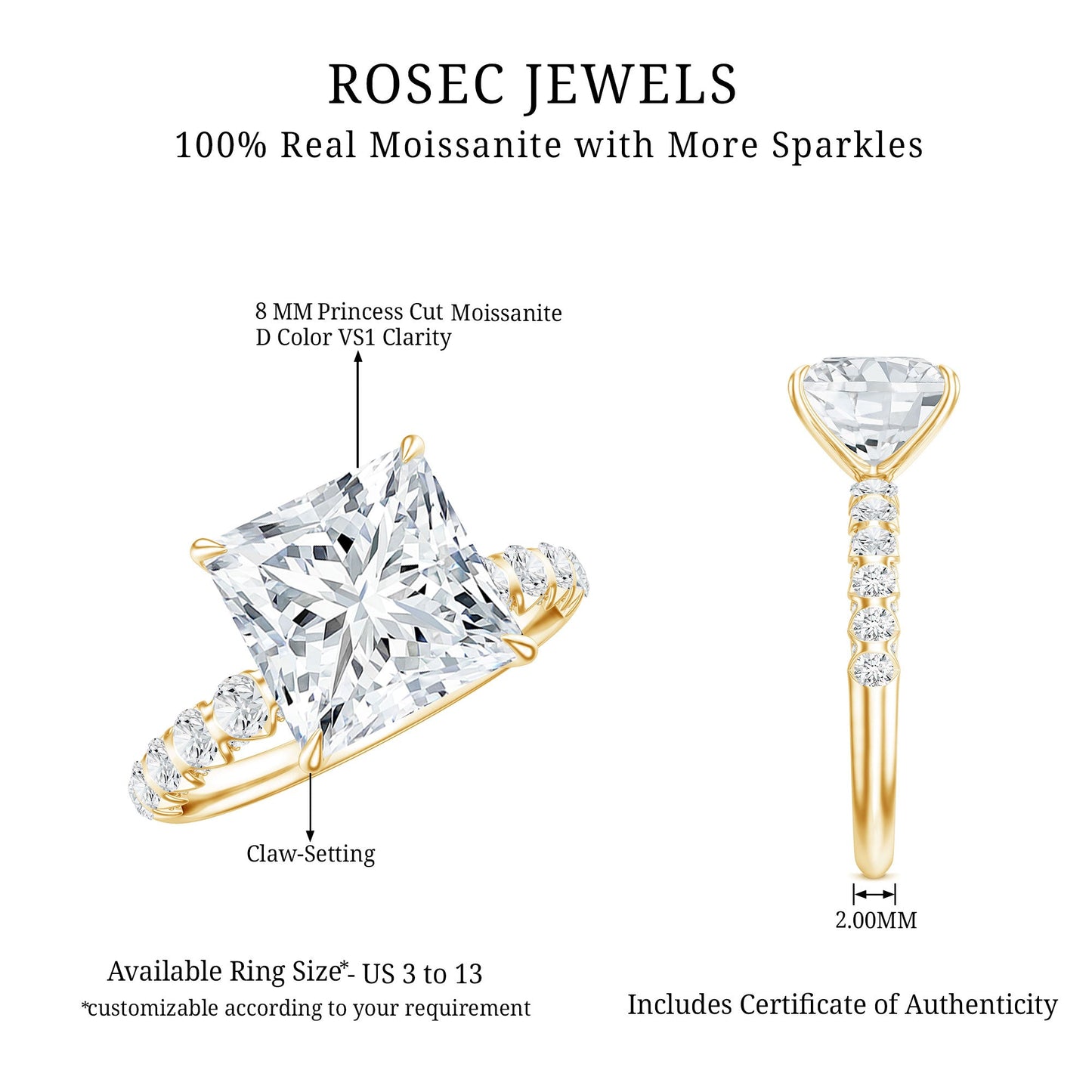 Certified 8 MM Moissanite Princess Cut Engagement Ring with Side Stones